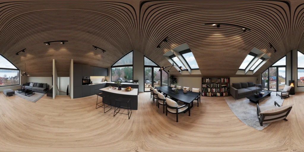 360-degree virtual tour of an open-plan living room and kitchen under a curved timber slatted ceiling, Norway