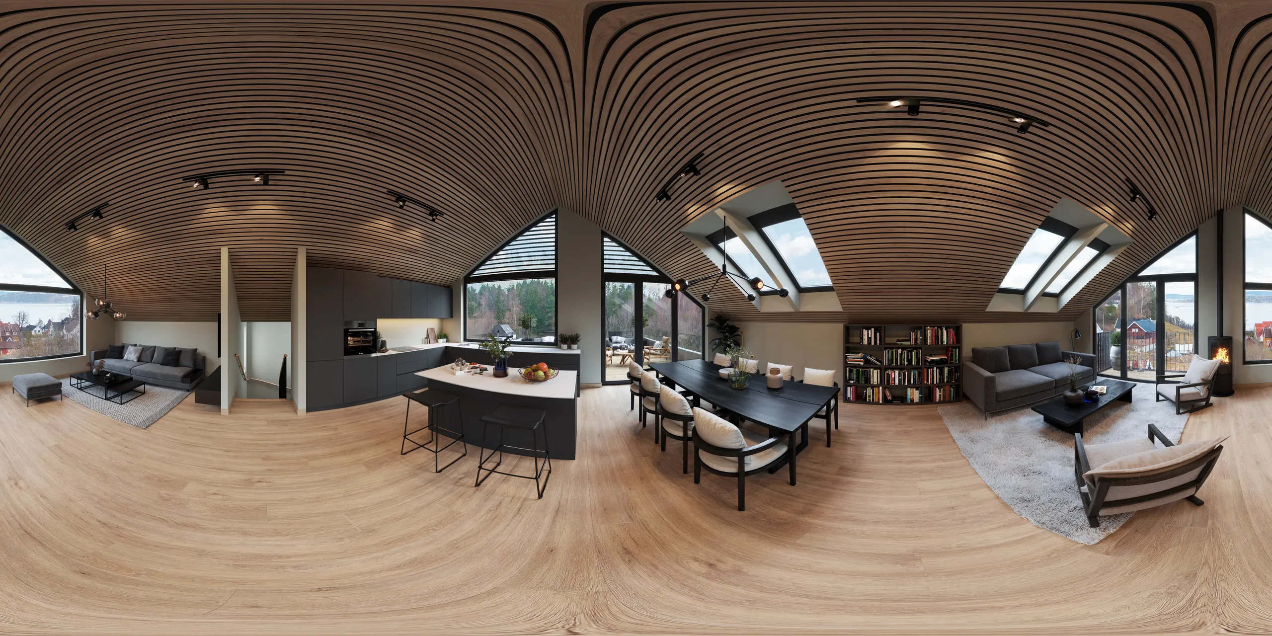 360-degree virtual tour of an open-plan living room and kitchen, Norway