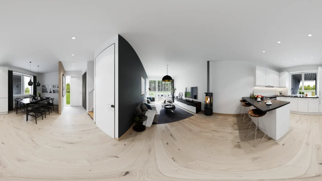 Tour virtual 360 grados de un espacio de sala de estar, comedor y cocina de planta abierta con una estufa de leña negra, Estonia
