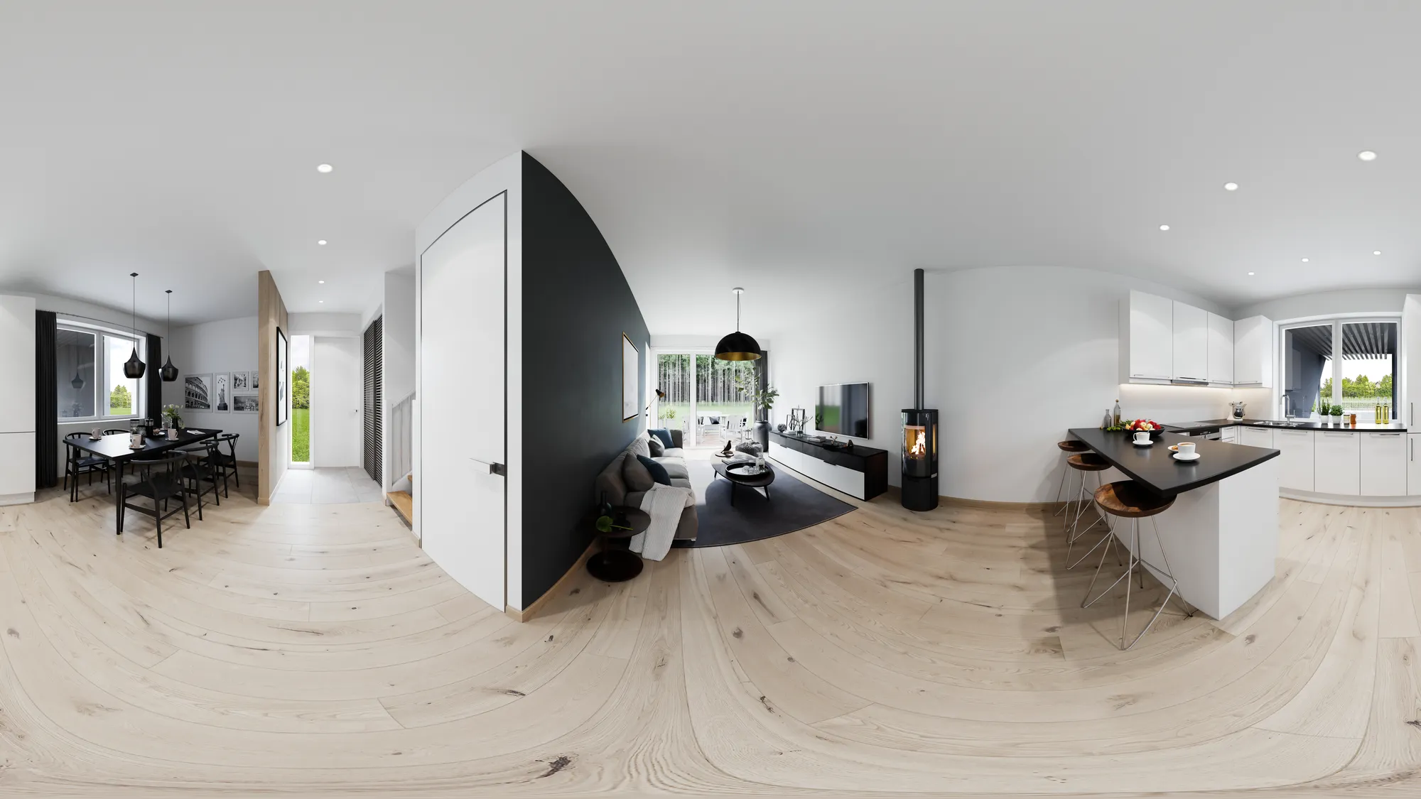 Open plan living room with a wood stove, cropped square and vertical for paid social, Estonia