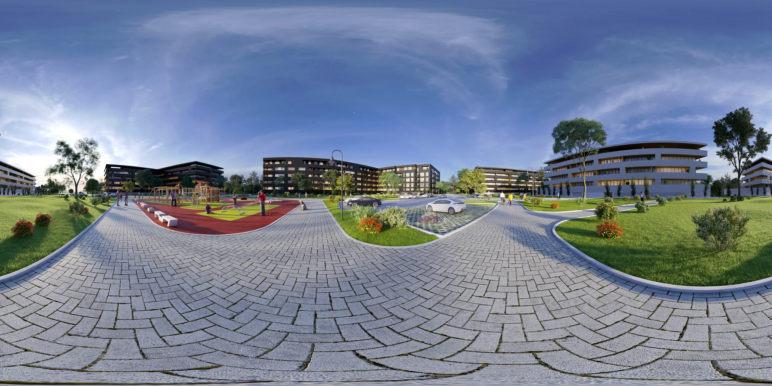 360 panorama of a residential courtyard prepared for a sales suite, Estonia