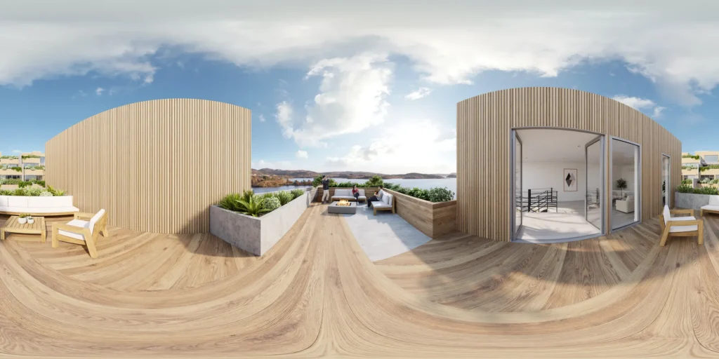 Recorrido virtual 360 grados por una terraza en la azotea con jardineras y asientos lounge sobre el agua, Noruega