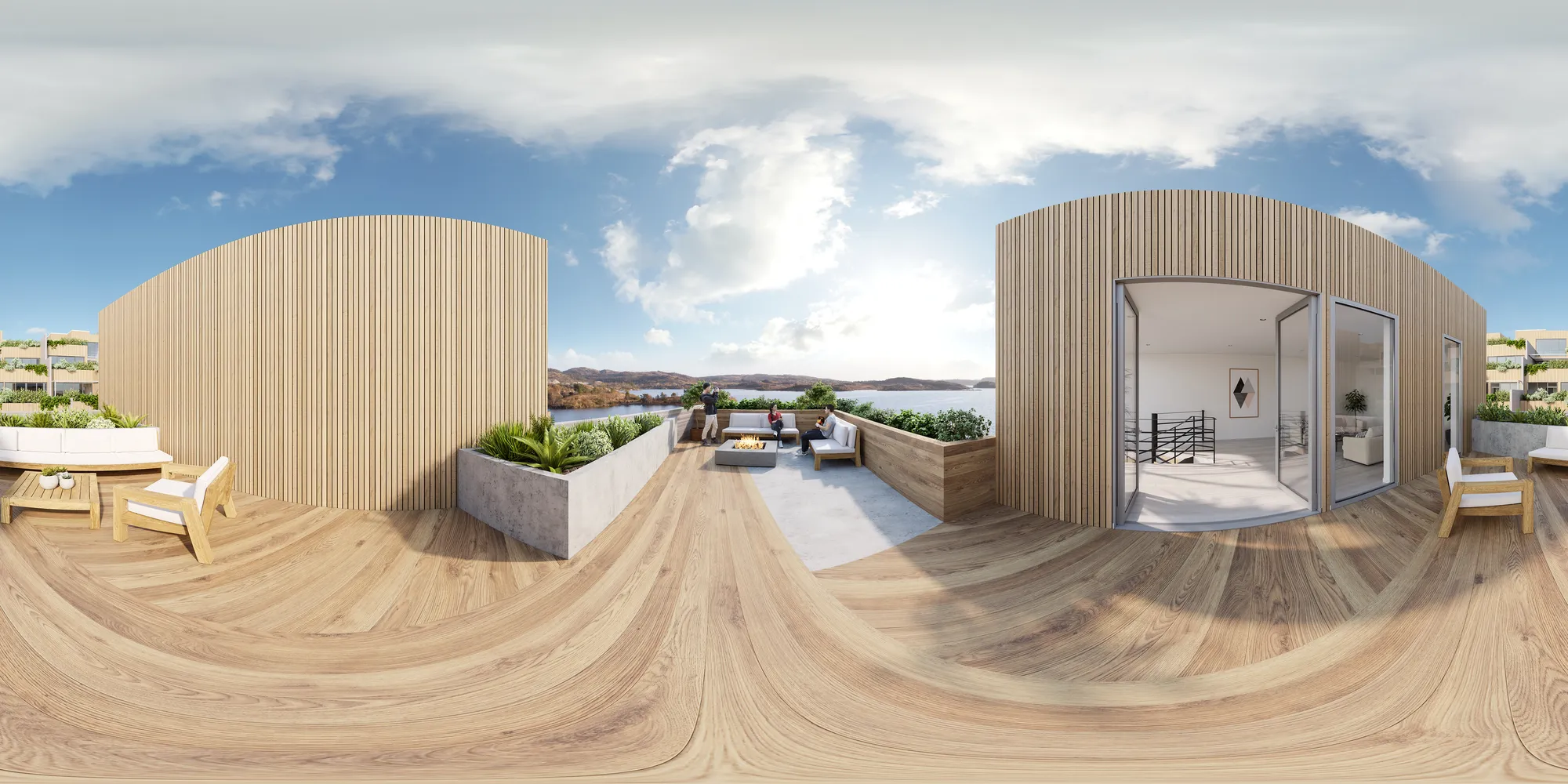 A frame from a 360 tour of a planted rooftop terrace, Norway
