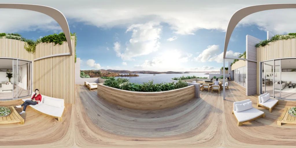 Tour virtual 360 grados de una terraza en la azotea con paneles curvos de madera y vistas al mar, Noruega