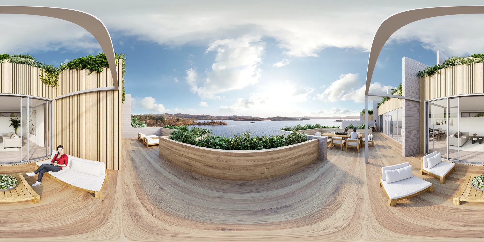 A 360 panorama frame of a rooftop terrace with a sea view, Norway