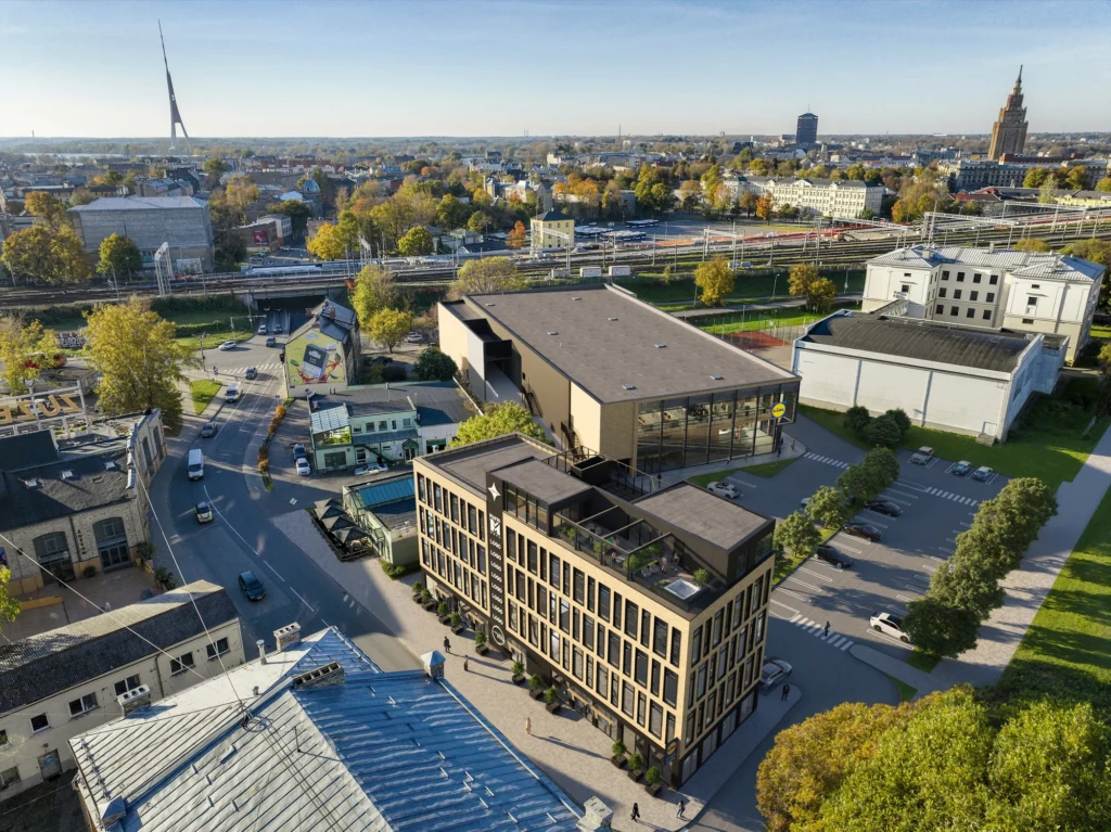 Rendu aérien 3D d'un immeuble de bureaux, Riga, Lettonie
