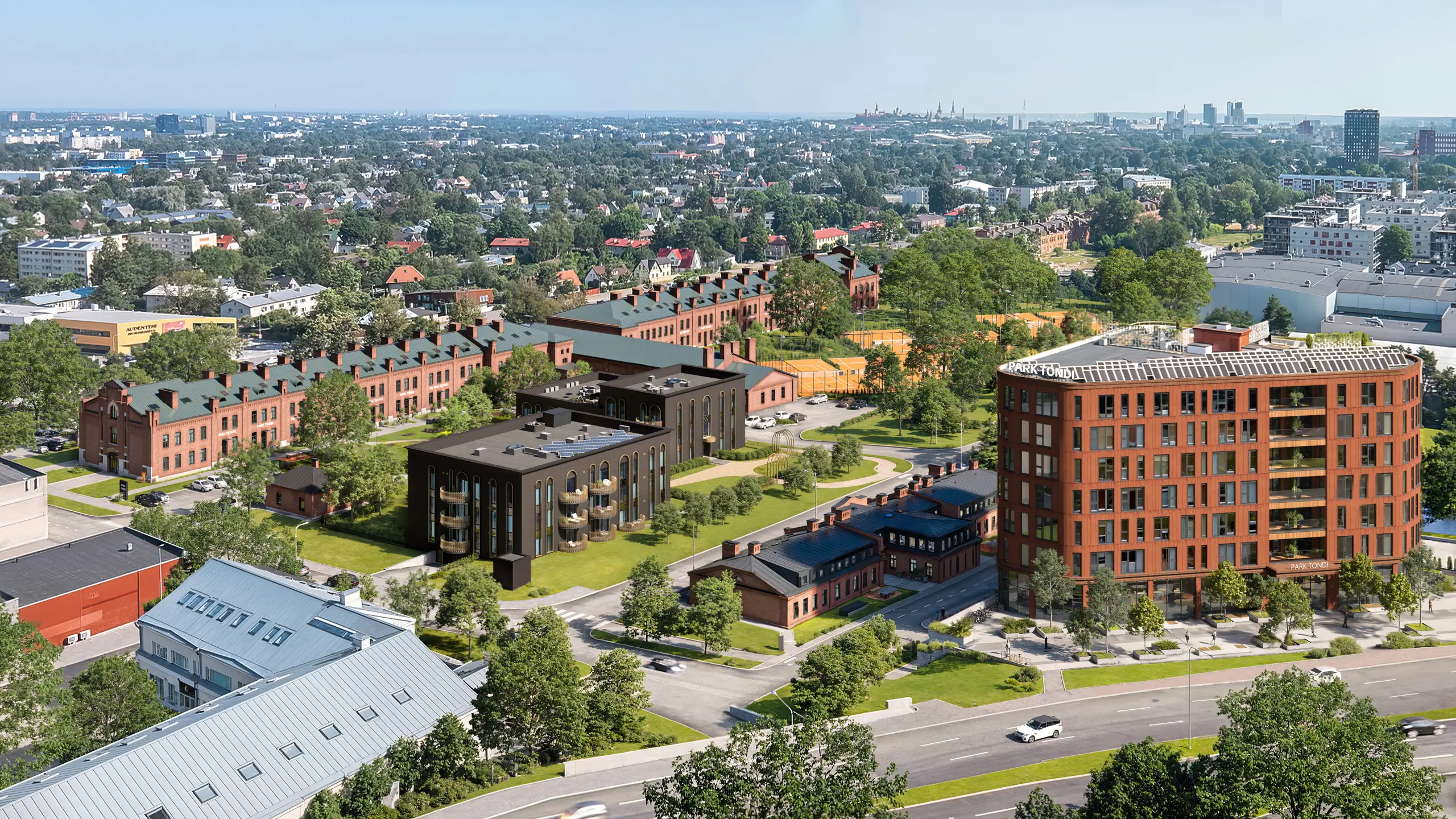 Aerial rendering of new brick apartment blocks set into an existing city district, Estonia