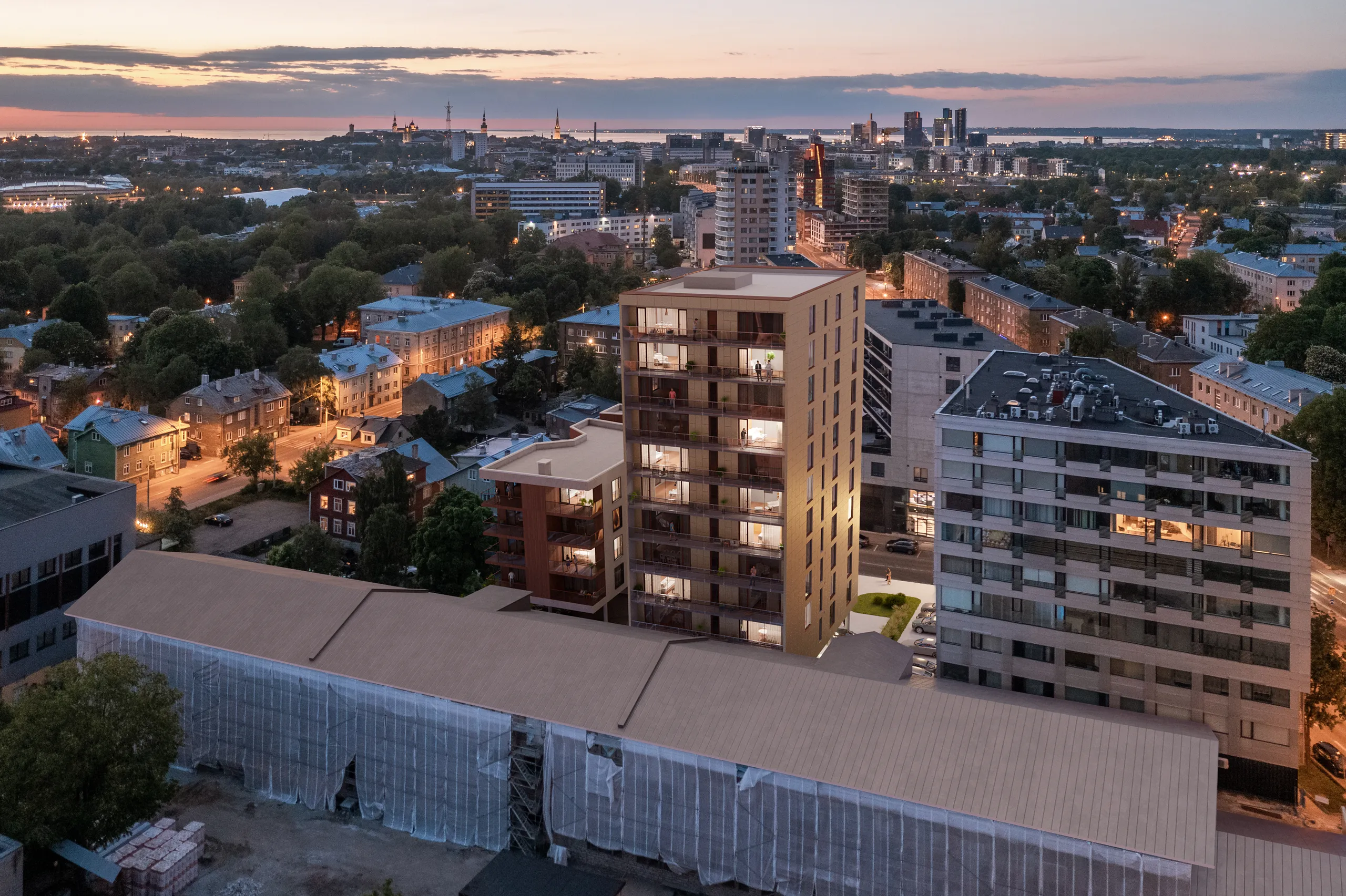 Aerial 3D rendering of new city apartment blocks at dusk, Estonia