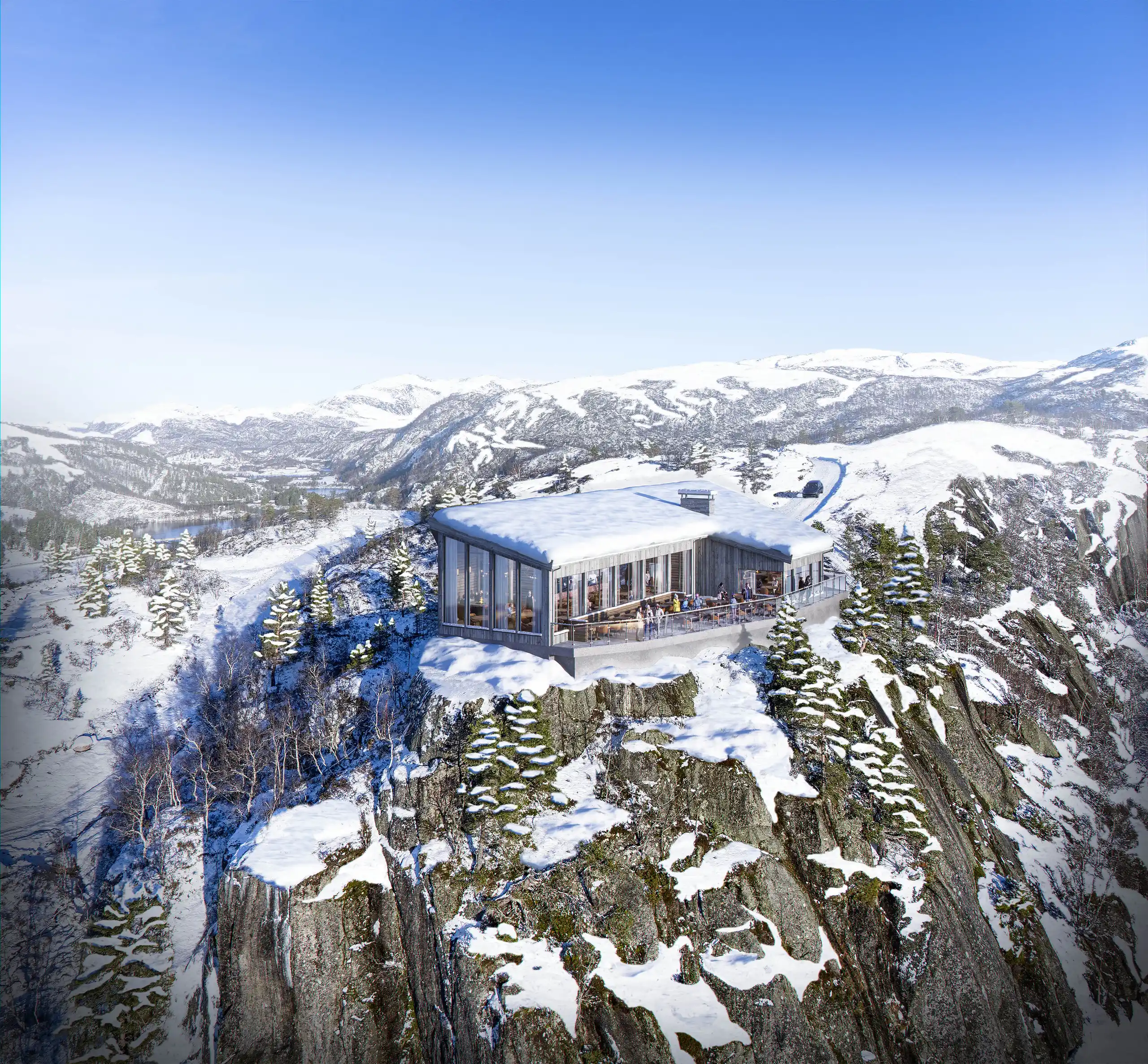 Aerial 3D rendering of a clifftop building in winter, Norway