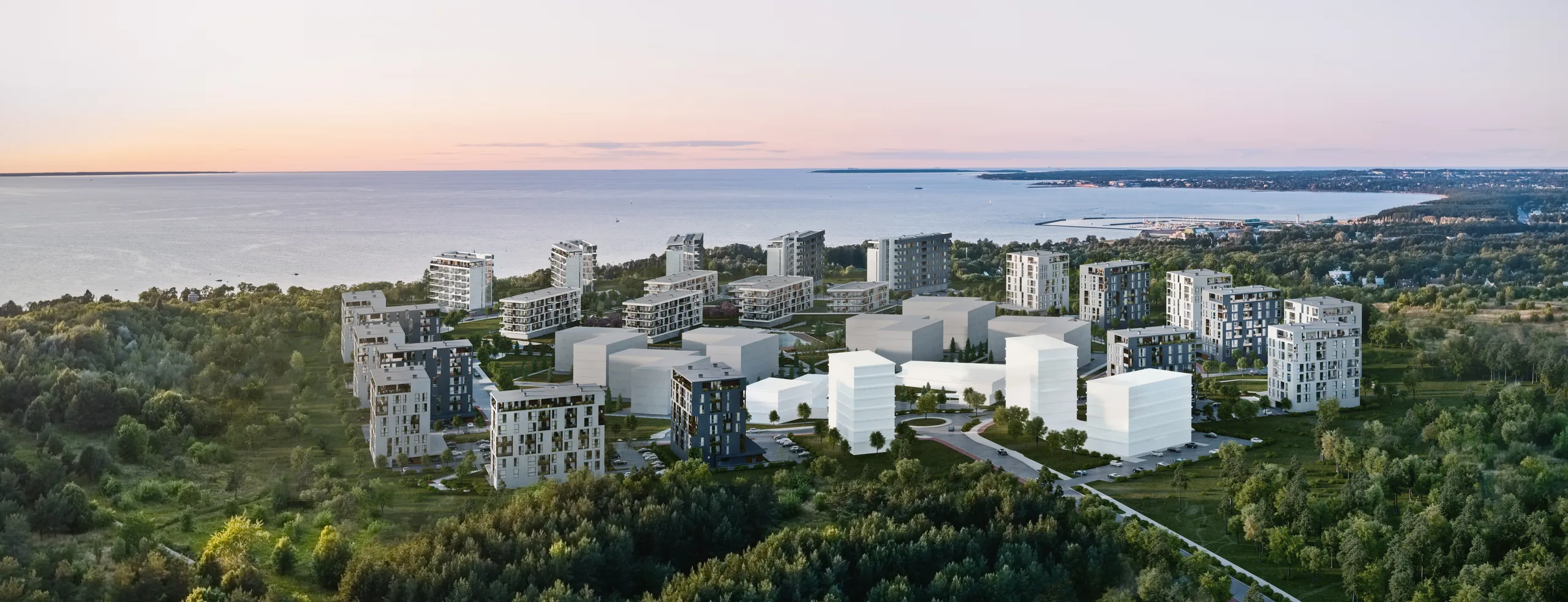 Dusk aerial rendering of a coastal apartment development shown with its landscaping, parking and shoreline, Estonia