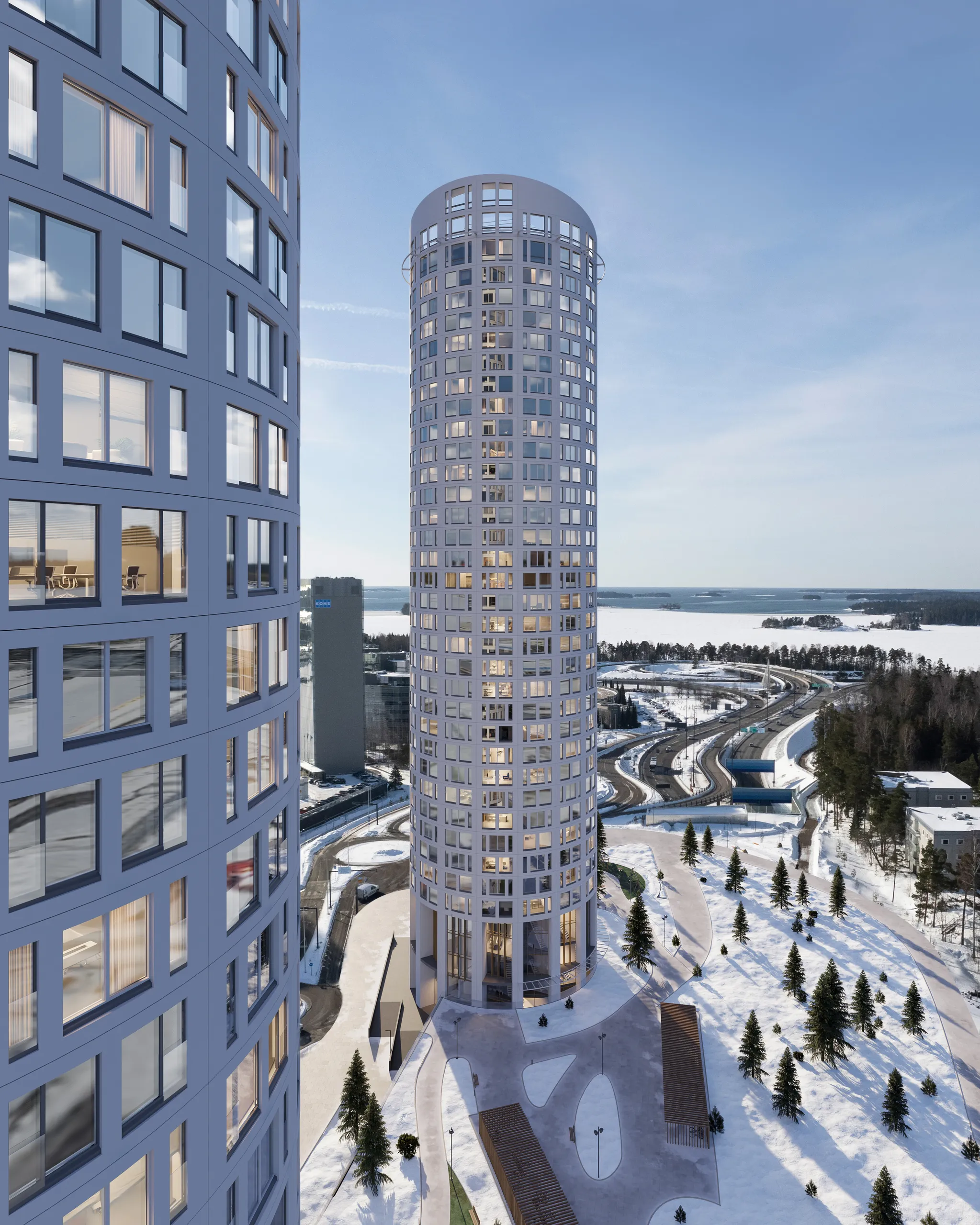 Talvinen 3D-ilmakuvarenderöinti sylinterimäisestä asuintalokokonaisuudesta, Suomi.