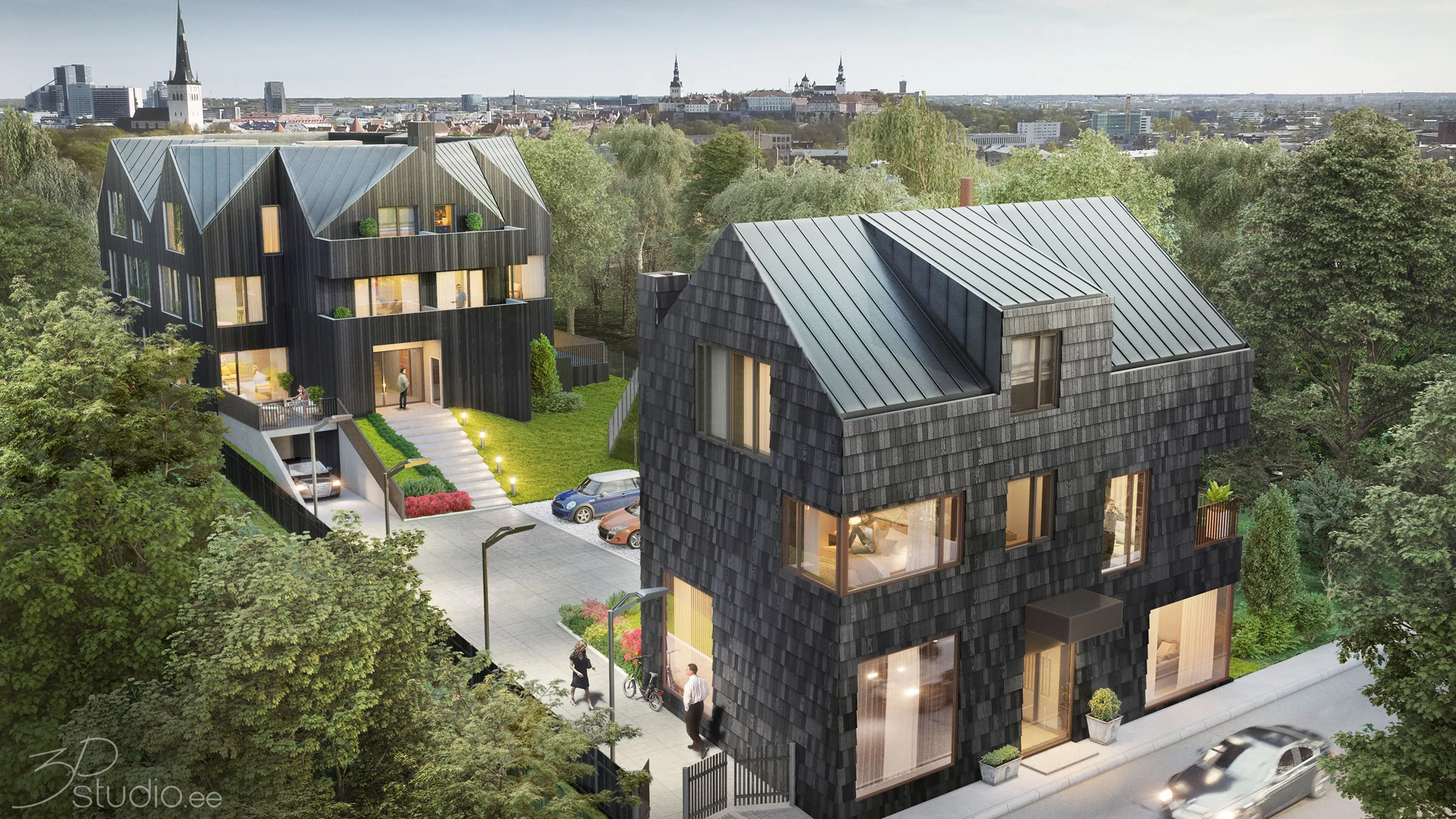 Aerial 3D rendering of dark-clad townhouses at dusk, framed wide for a construction hoarding, Estonia
