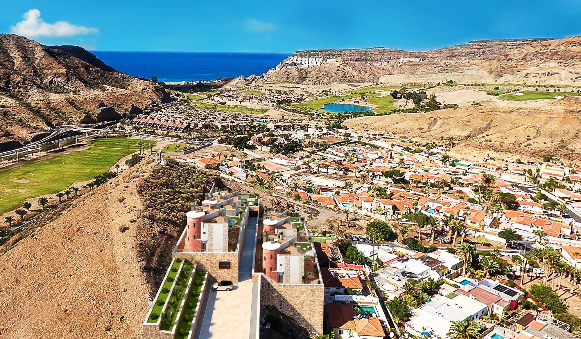 Aerial rendering of a hillside residential masterplan stepping down to the coast, Spain