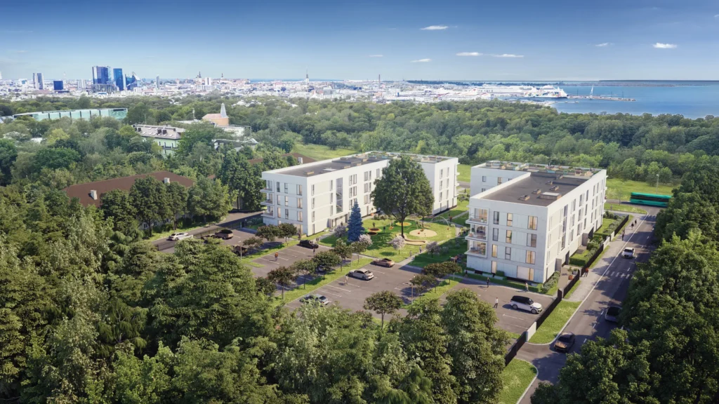 Aerial 3D rendering of low-rise white apartment blocks near the coast, Estonia