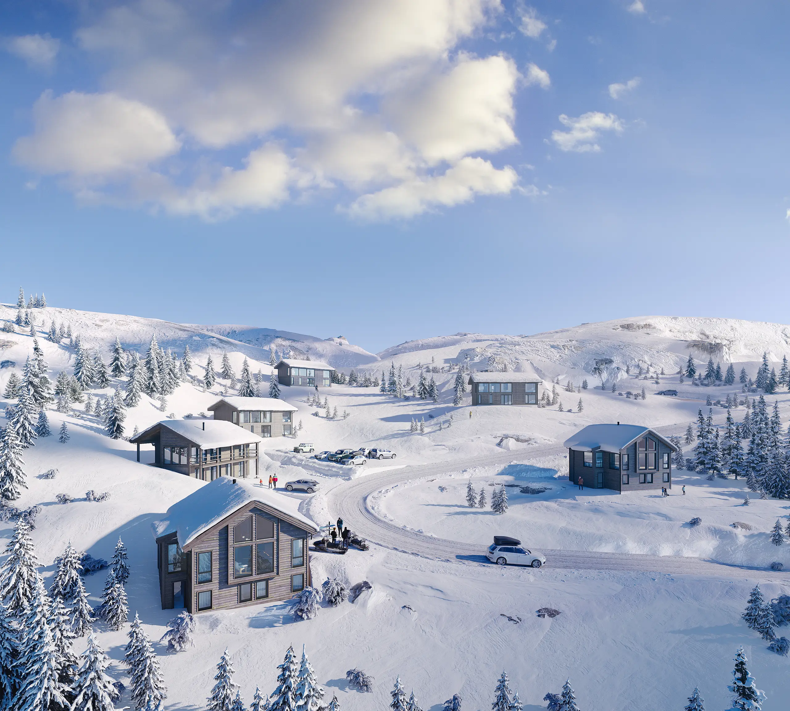 Aerial 3D rendering of mountain cabins in snow, Norway