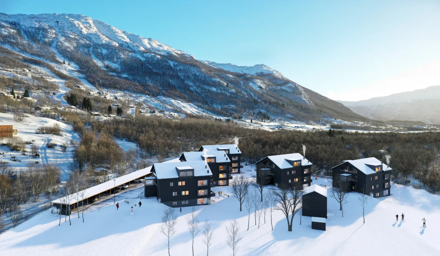 Rendering aereo 3D di un villaggio montano invernale con edifici residenziali in legno scuro nella neve, Norvegia
