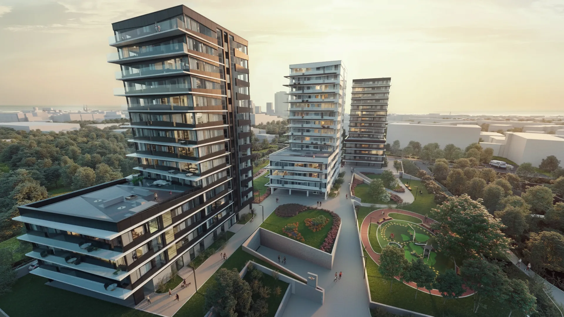 Aerial of residential towers at dusk