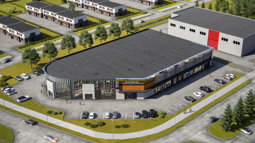 Aerial 3D rendering of a retail and logistics park with parking and loading bays, Estonia