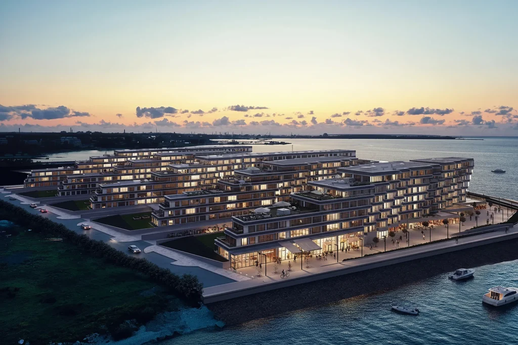 Aerial 3D rendering of a waterfront residential development at dusk, lit apartments above a sea promenade, Tallinn, Estonia