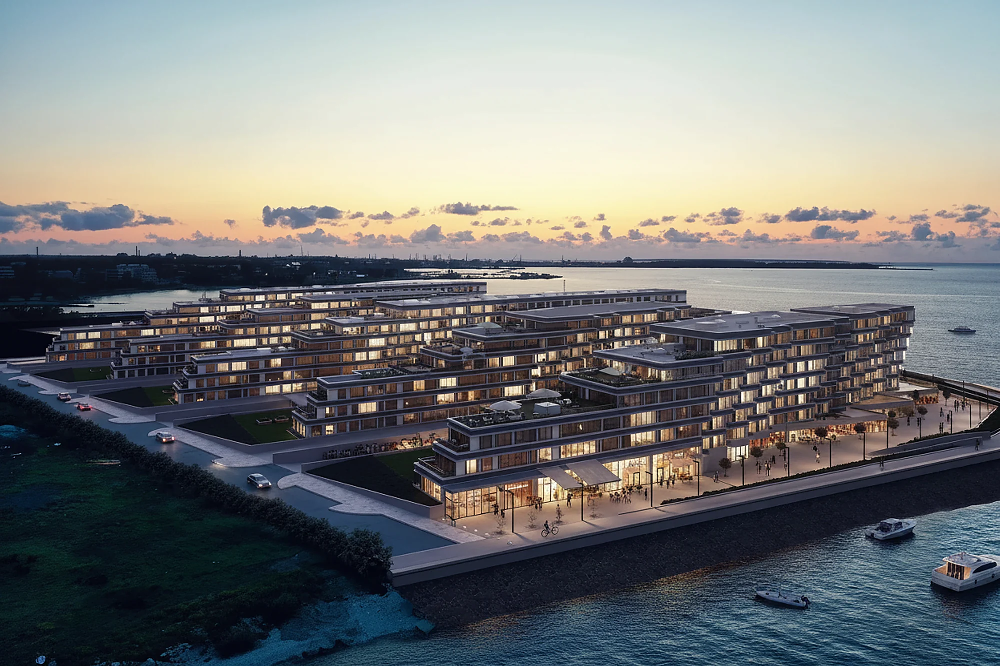 Aerial 3D rendering of a waterfront residential development at dusk, Estonia