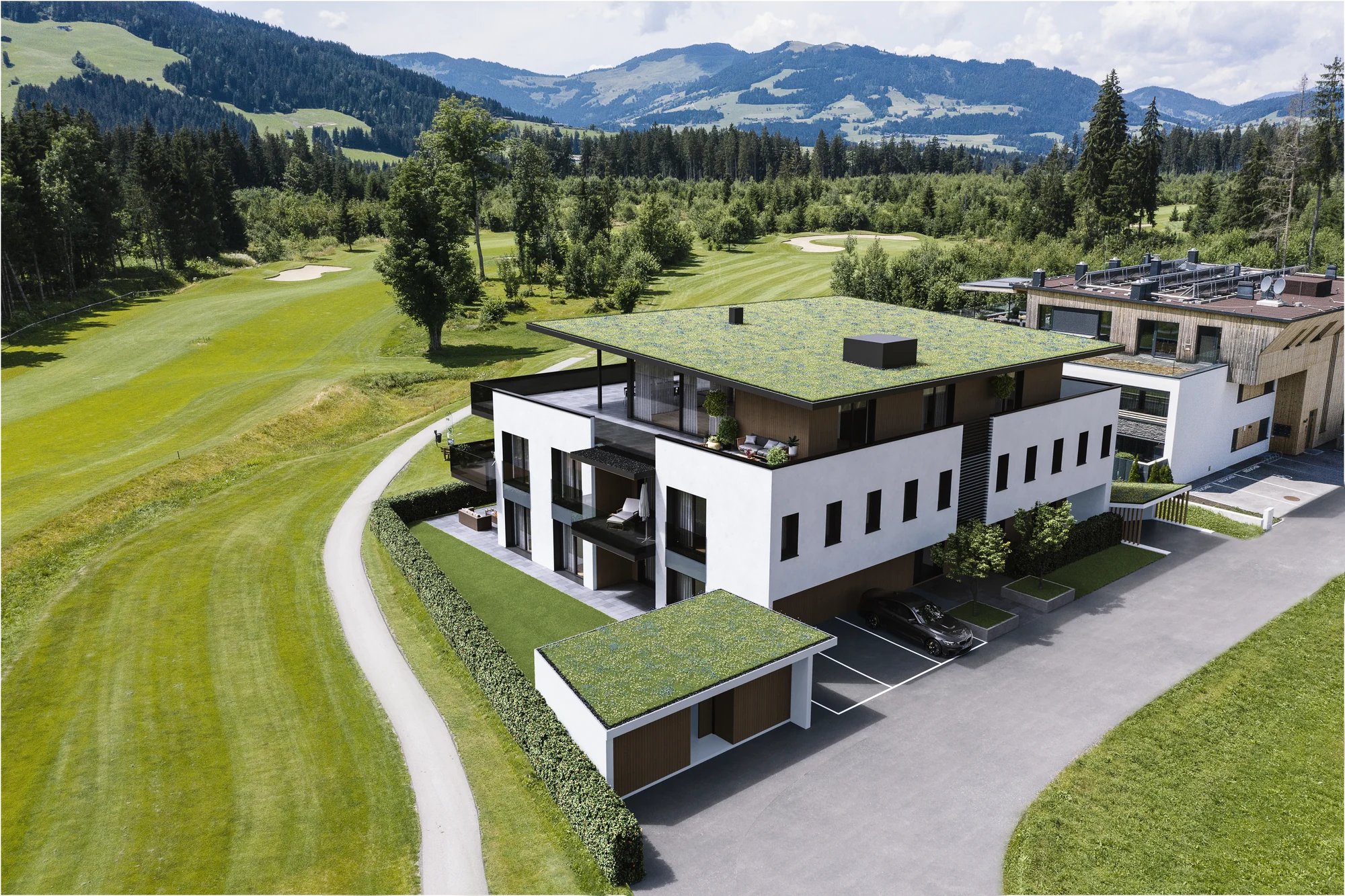Päivänvalon ilmakuvan 3D-renderöinti varhaisen vaiheen asuinkohteesta, Itävalta.