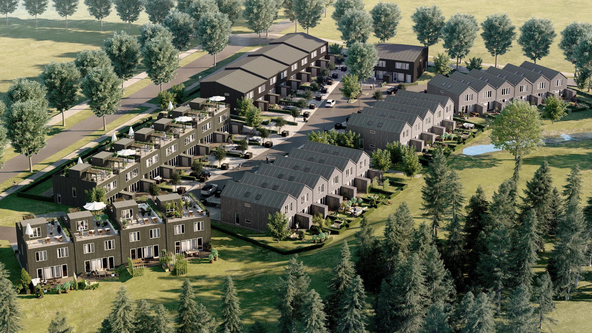 Aerial rendering of a residential masterplan laid out across its site, Sweden