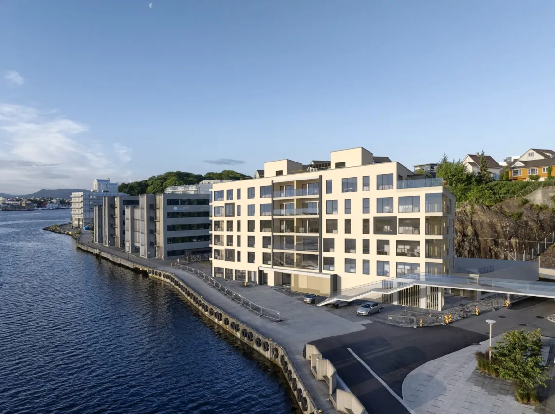 Aerial animation frame of an apartment development in Norway