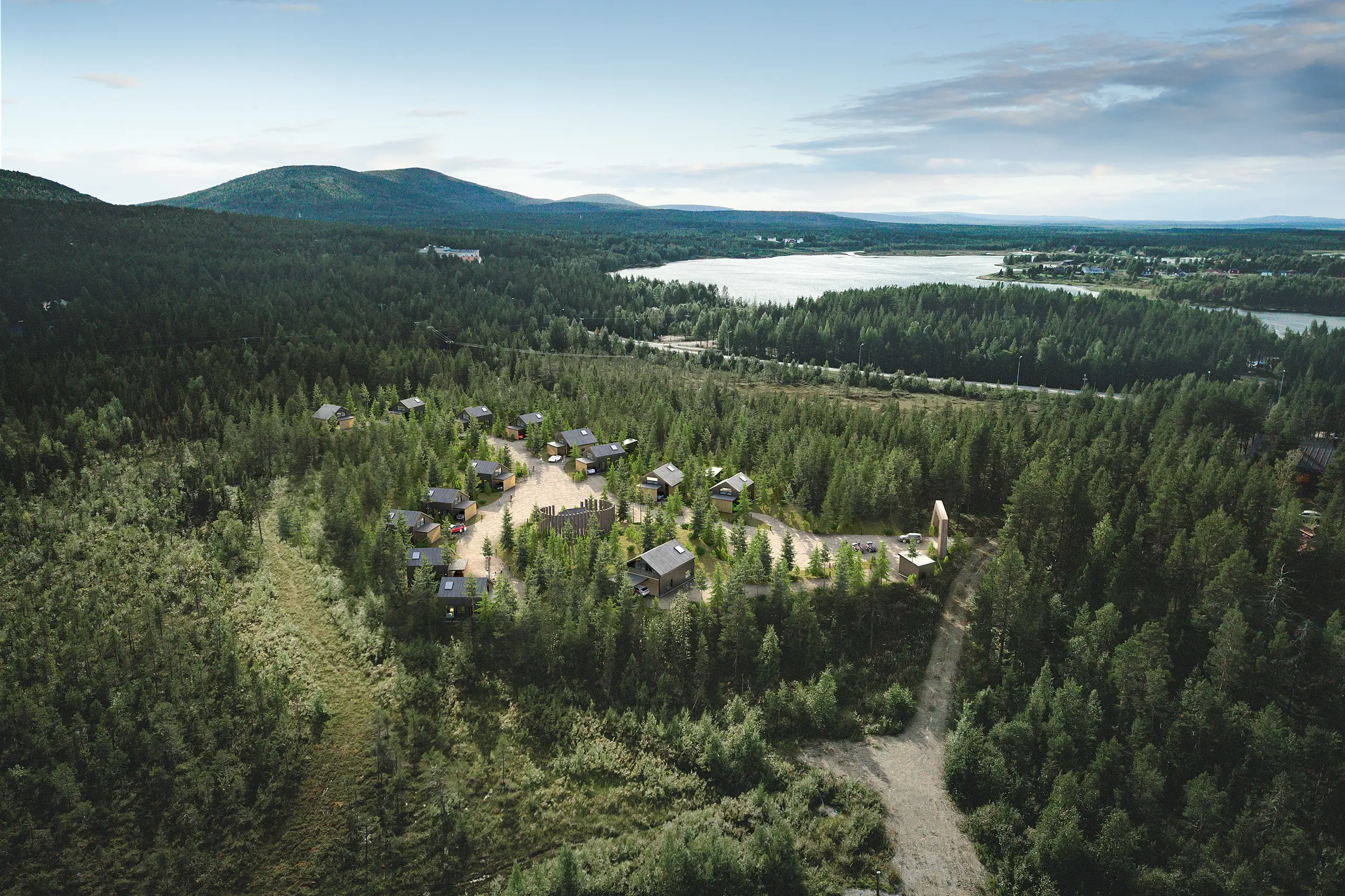 Luftaufnahme einer Chalet-Siedlung, die Art von Beauty-Shot, die aus einer ausgelieferten Szene geschnitten wird