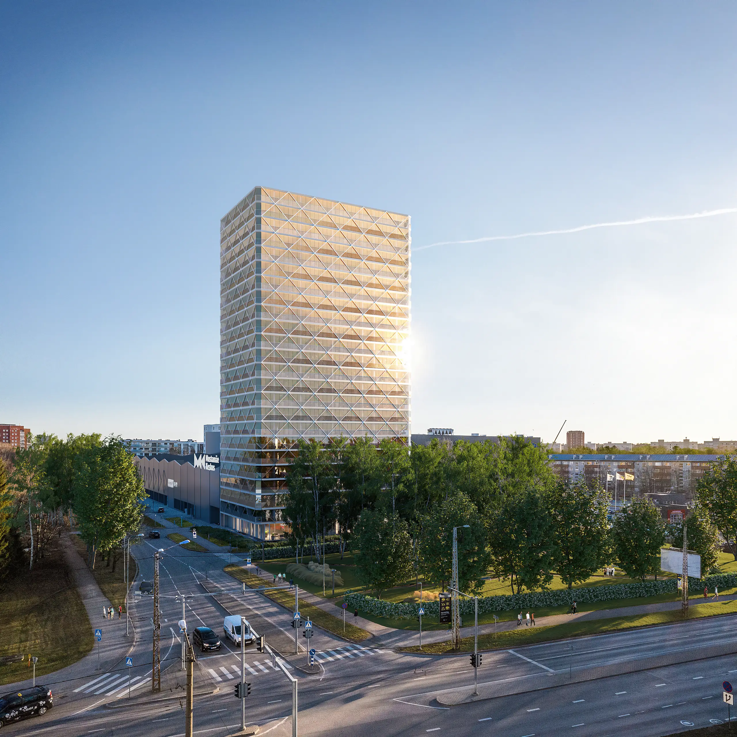 Aerial animation frame of a district centre scheme at dusk, Estonia