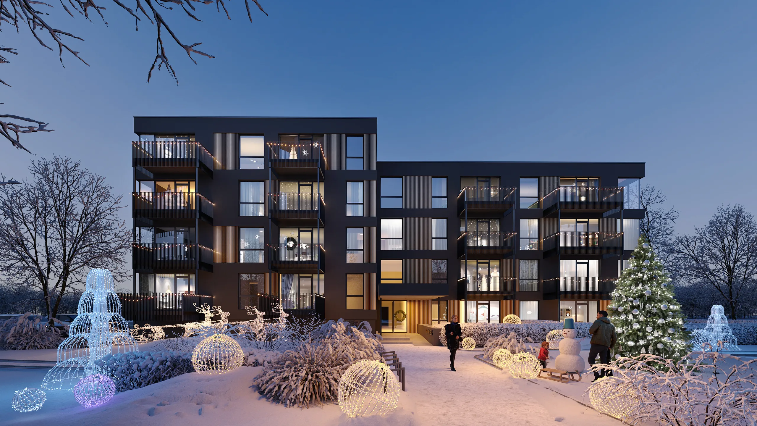 Aerial frame from a flythrough of an apartment development in snow, Estonia
