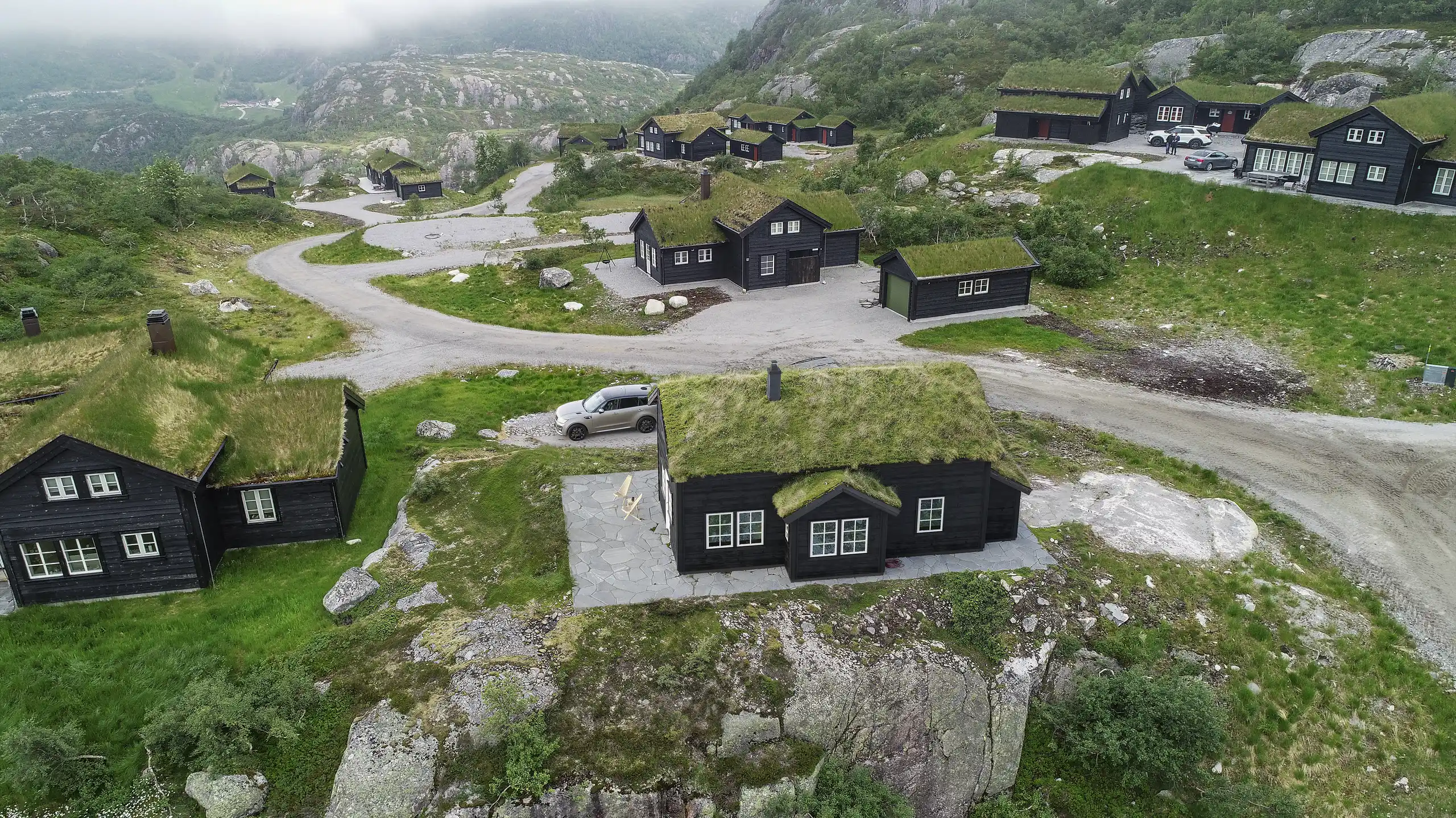 Aerial 3D visualization of a landscape and a development in its wider site, Norway