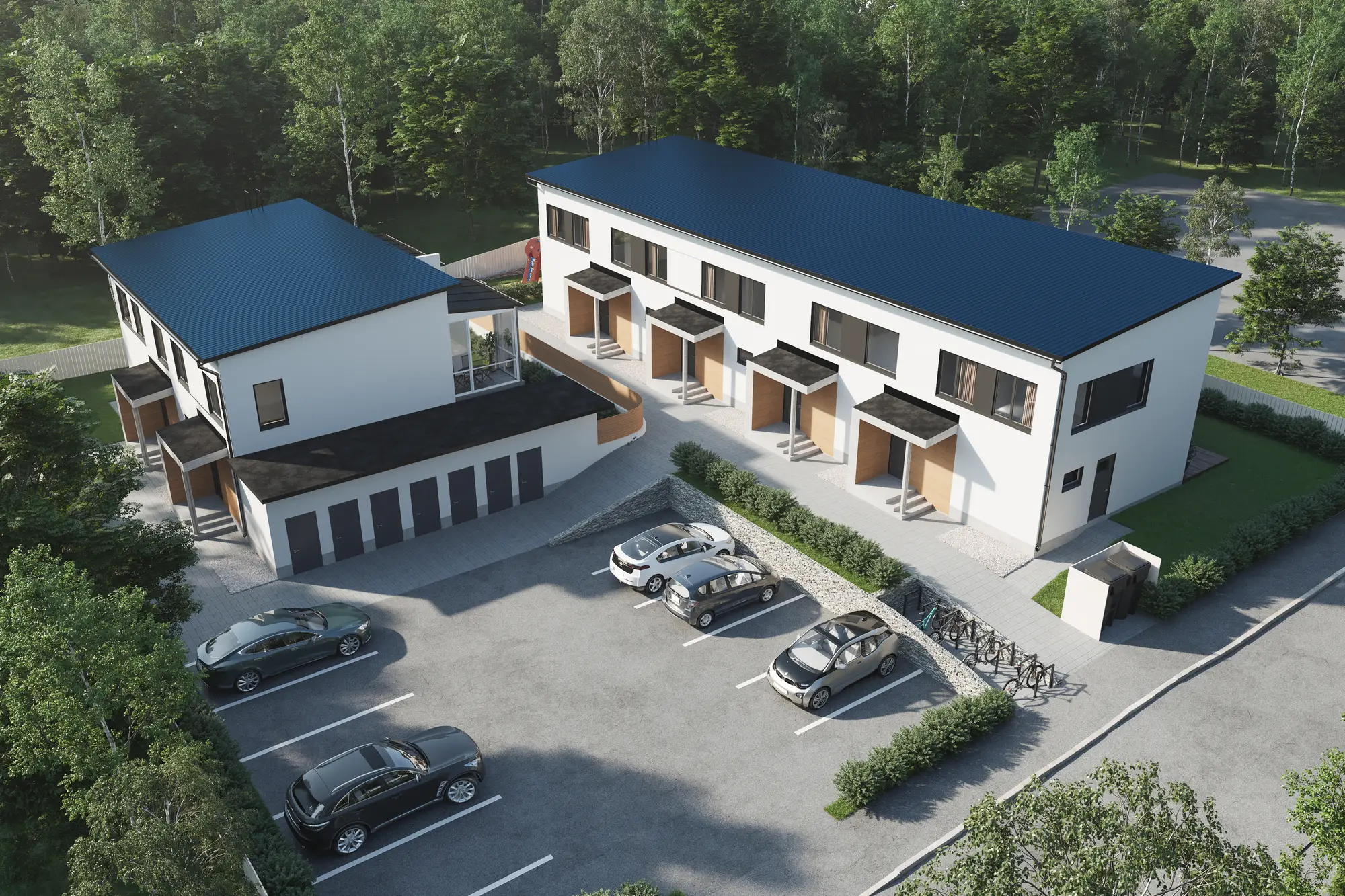 3D exterior rendering of a white and dark terraced apartment block with parking at the forest edge, Finland