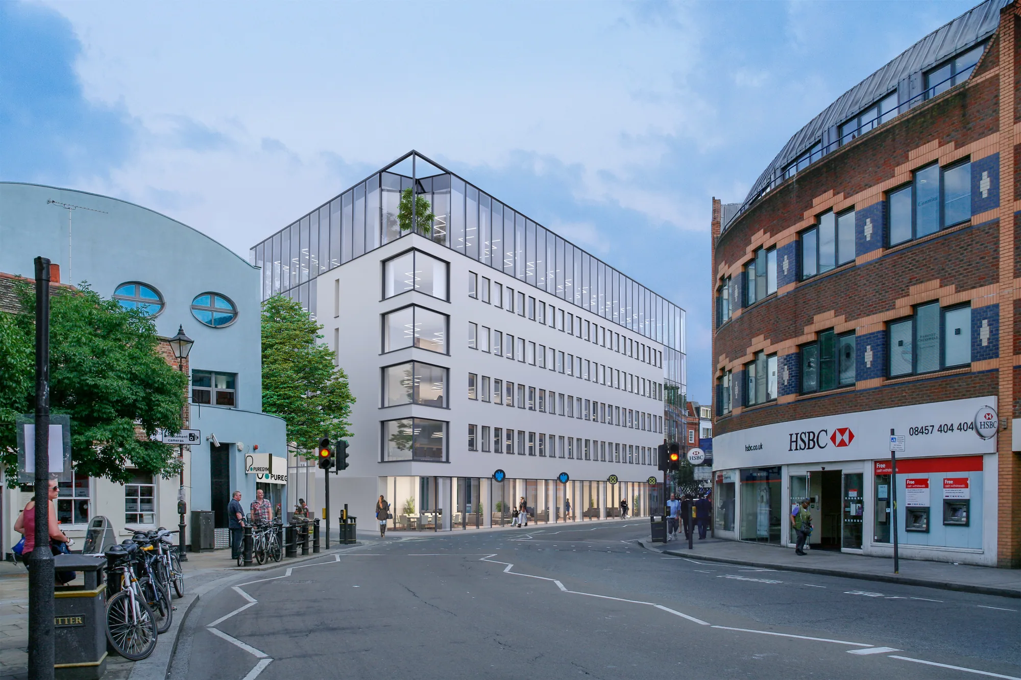 3D exterior rendering of a new mixed-use building on a street corner between brick buildings, UK