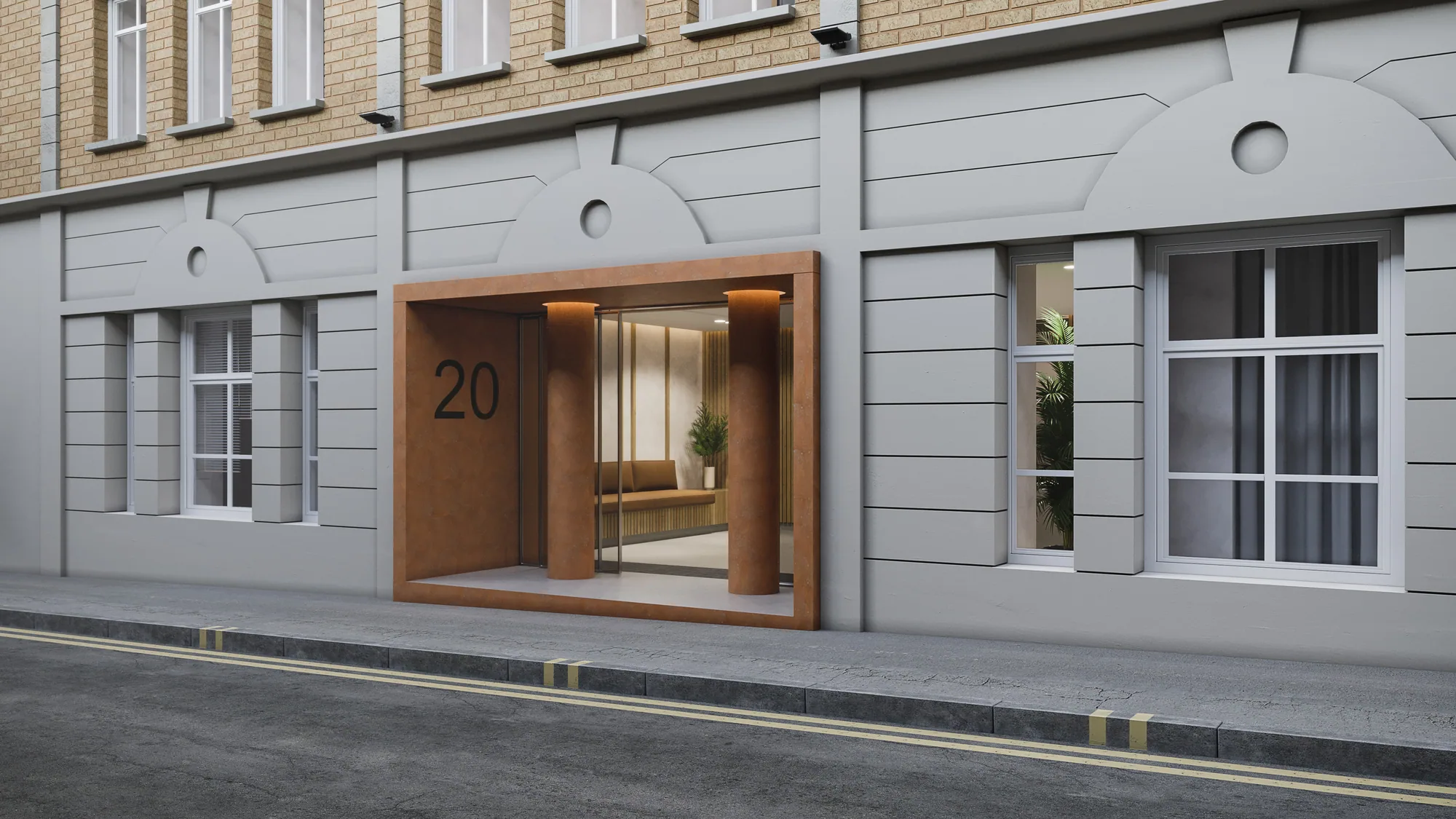 Renderizado 3D exterior de la entrada de una casa adosada con una puerta acristalada con marco de madera y el número 20 en una fachada gris, UK