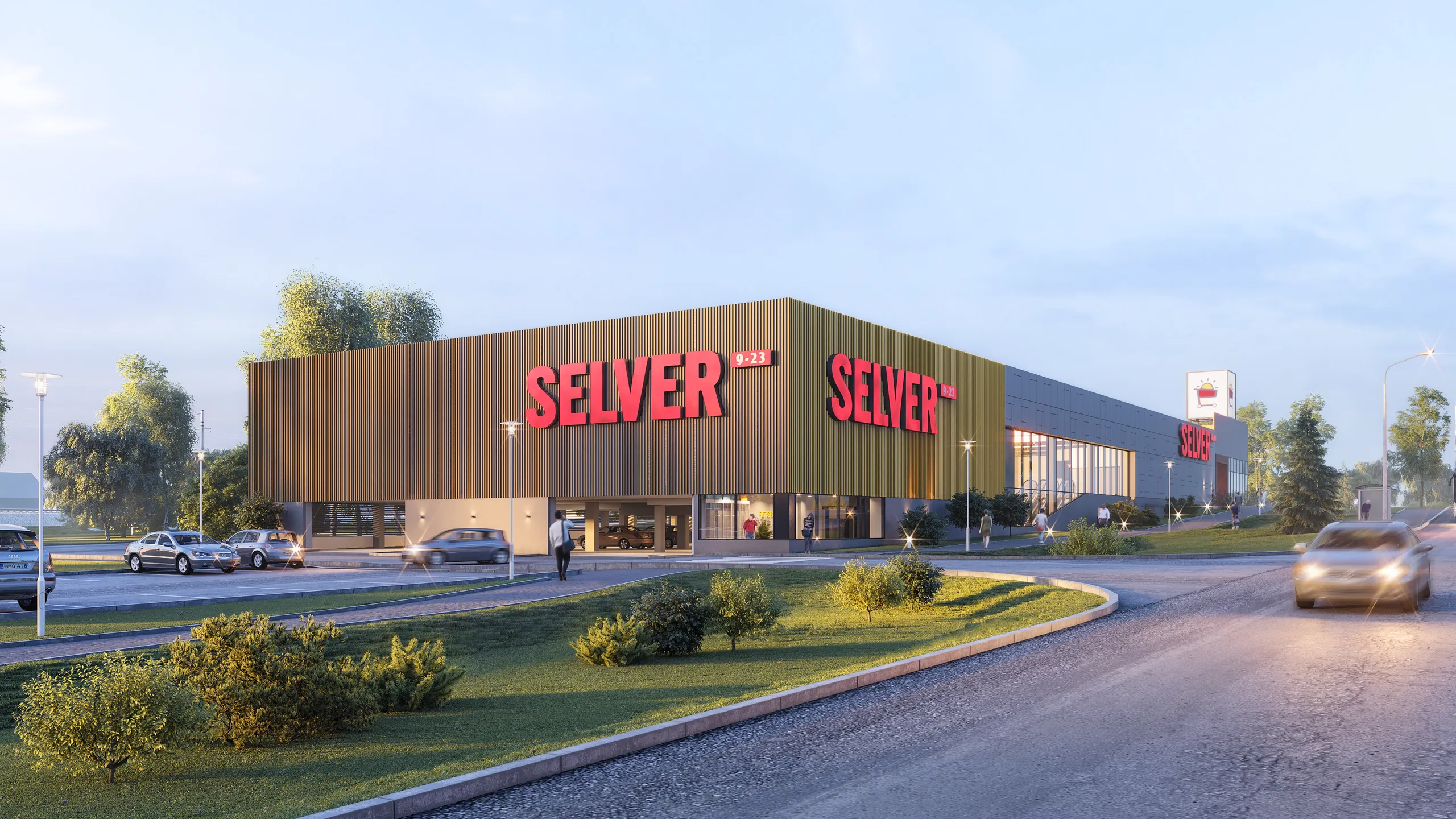 3D rendering of a mixed-use retail building fronting an existing street, Estonia