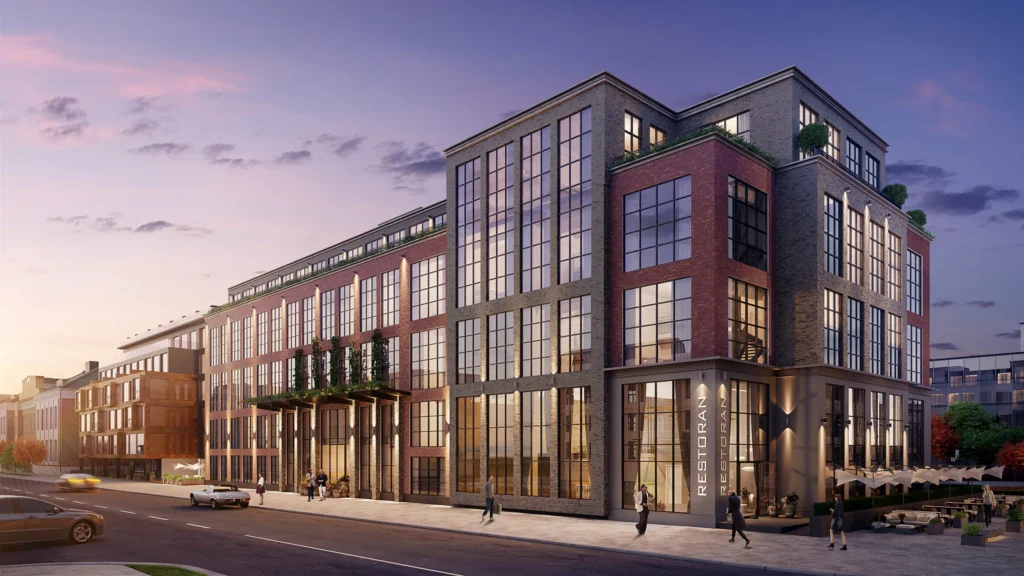 Visualisation architecturale d'un bâtiment à usage mixte en brique et verre avec un restaurant de rue au crépuscule, Estonie