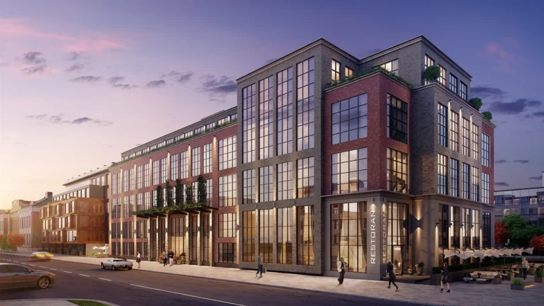 Architectural visualization of a brick and glass mixed-use building with a street restaurant at dusk, Estonia