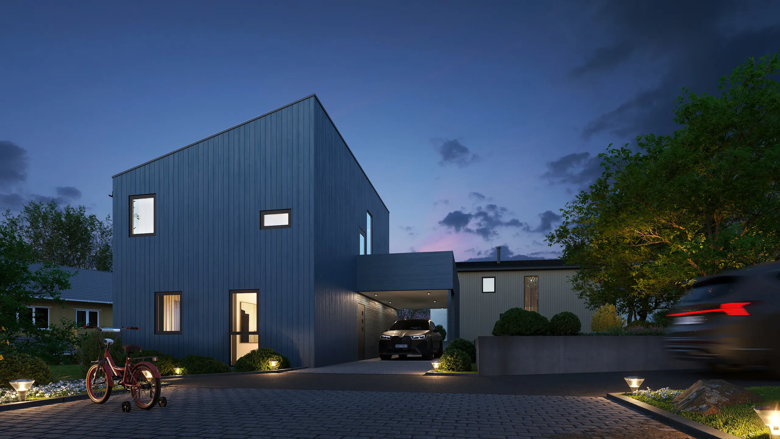 3D exterior rendering of a dark modern house at night