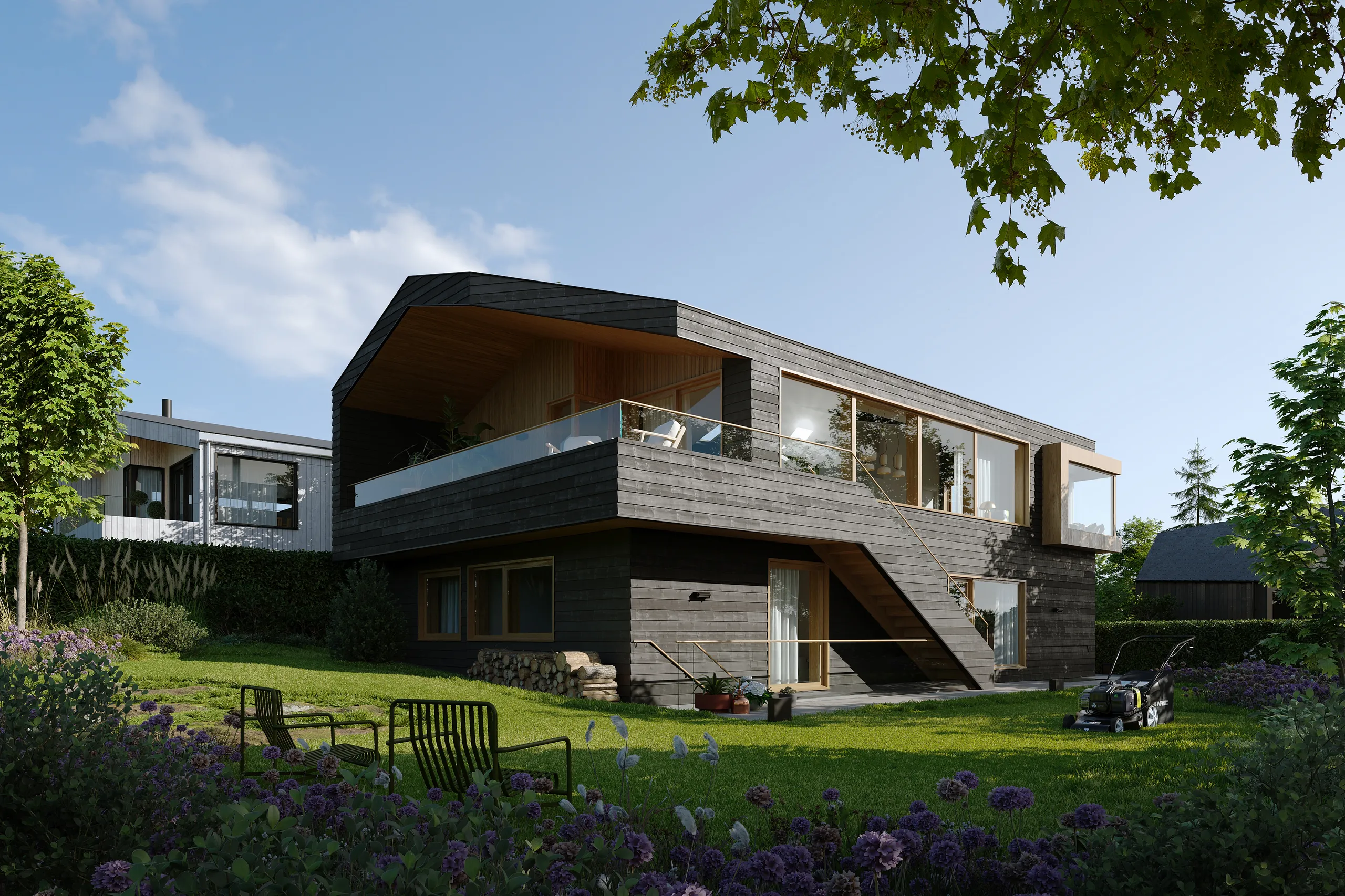 3D exterior rendering of a dark timber-clad house with a first-floor balcony, seen from its garden, Norway