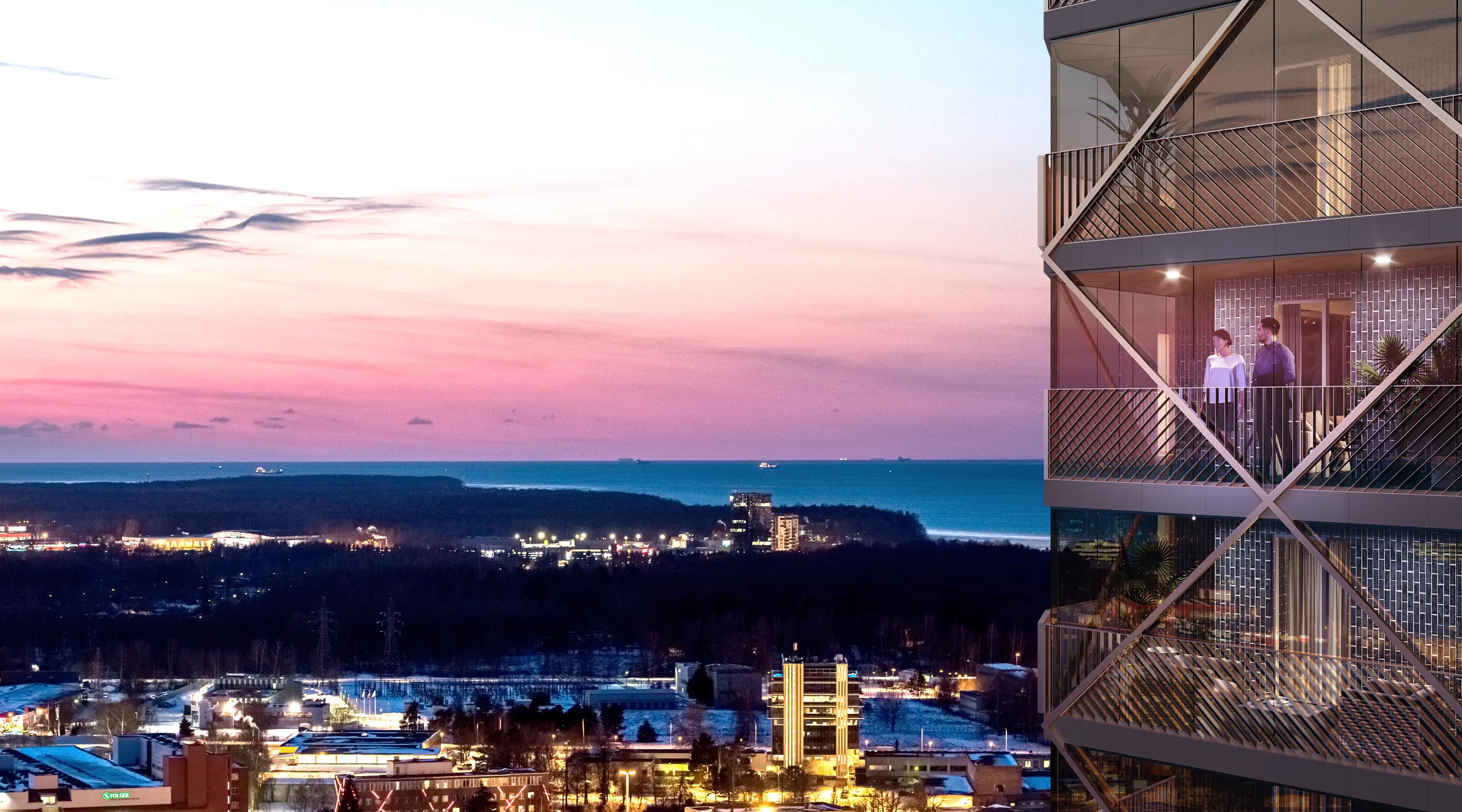 The same retail and residential centre rendered again at dusk, Estonia