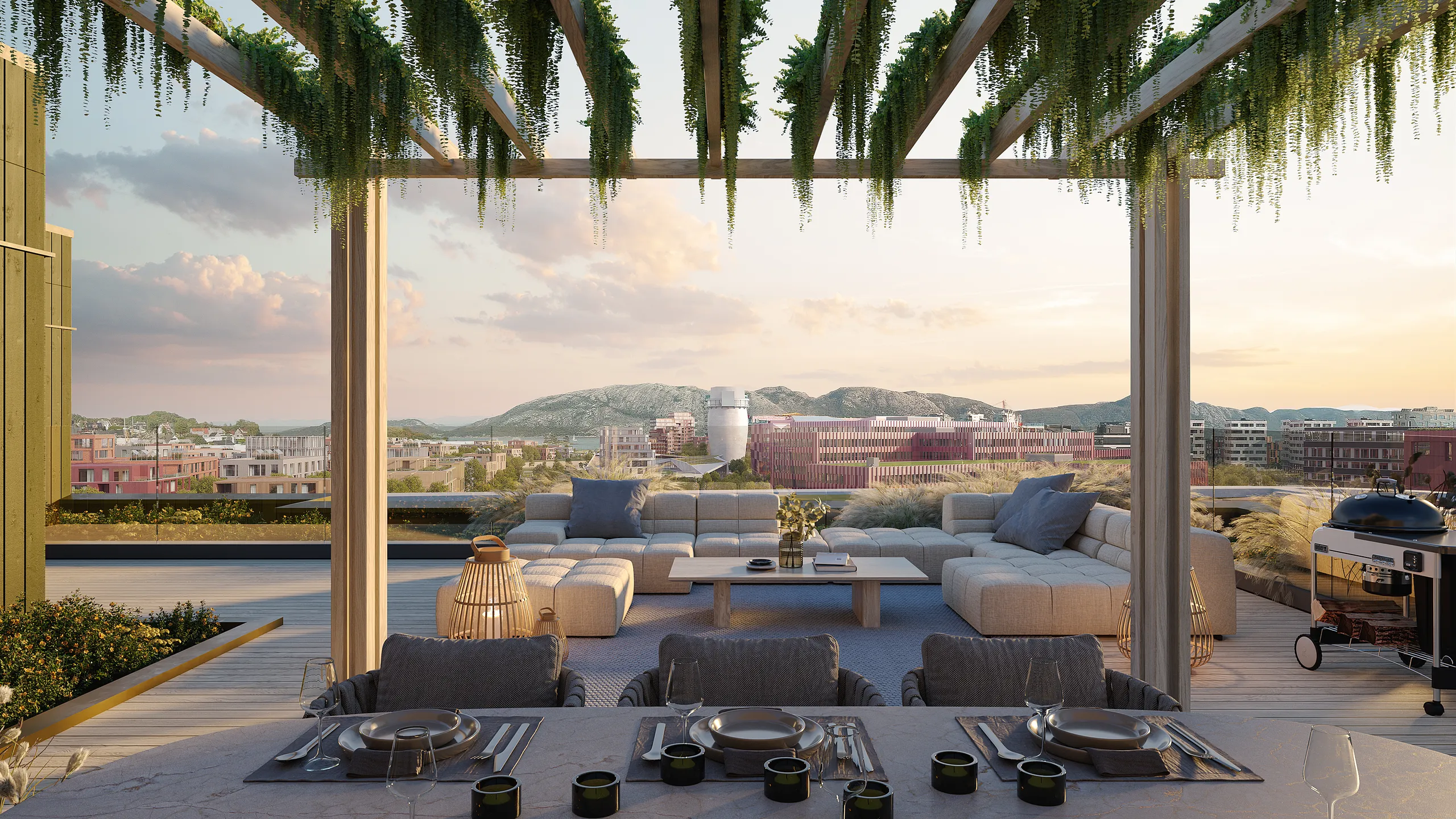 3D exterior rendering of a roof terrace with a pergola and lounge seating at dusk, Norway