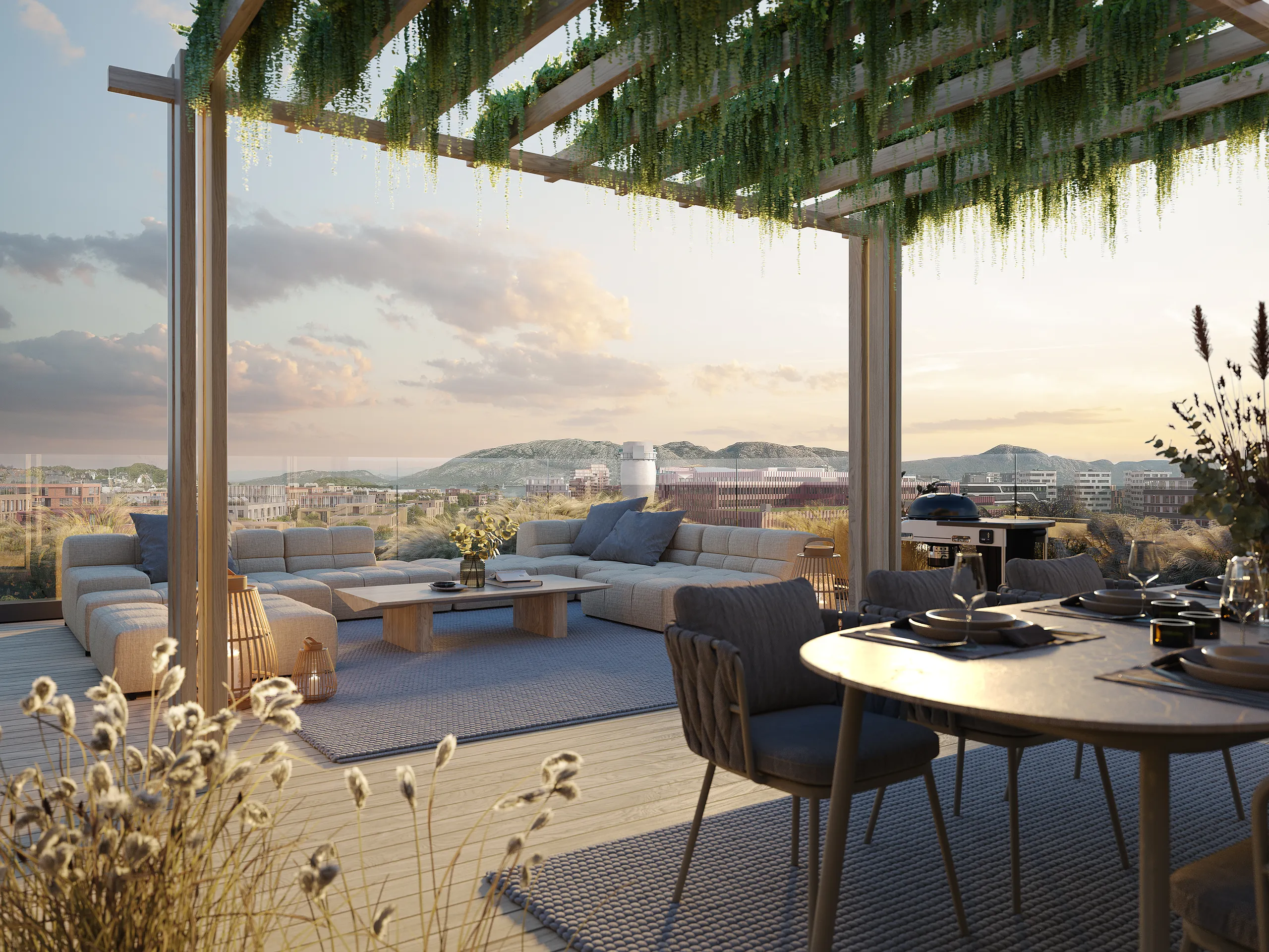 Dakterras van een appartementenproject bij zonsondergang, één beeld uit een marketingset, Noorwegen