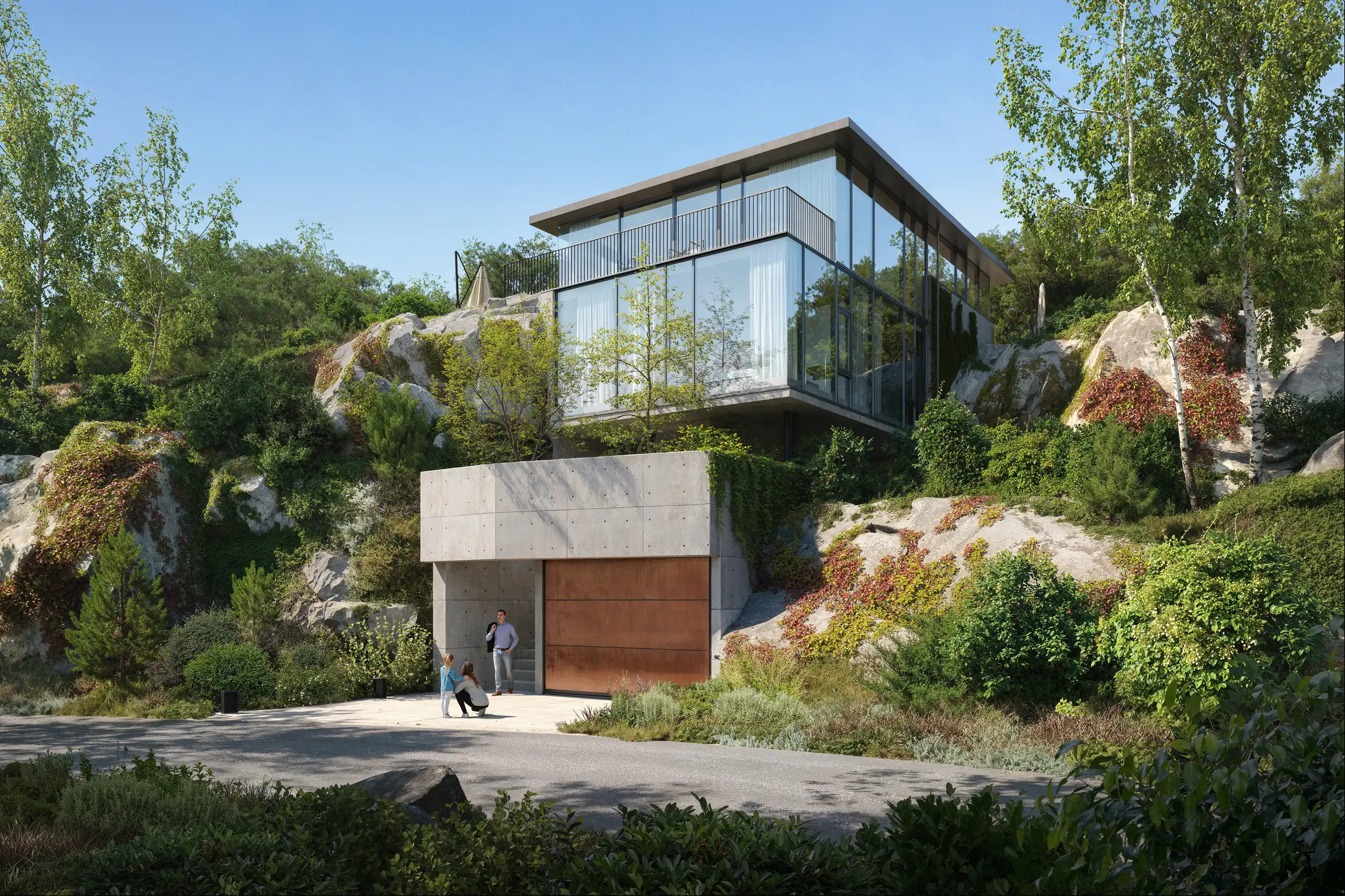 3D exterior rendering of a glass house built on rocks among trees, Norway