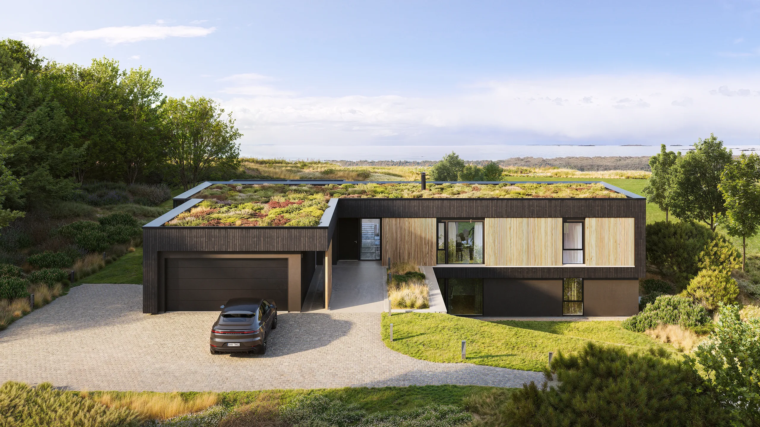 3D exterieurrendering van een villa bij daglicht, Noorwegen