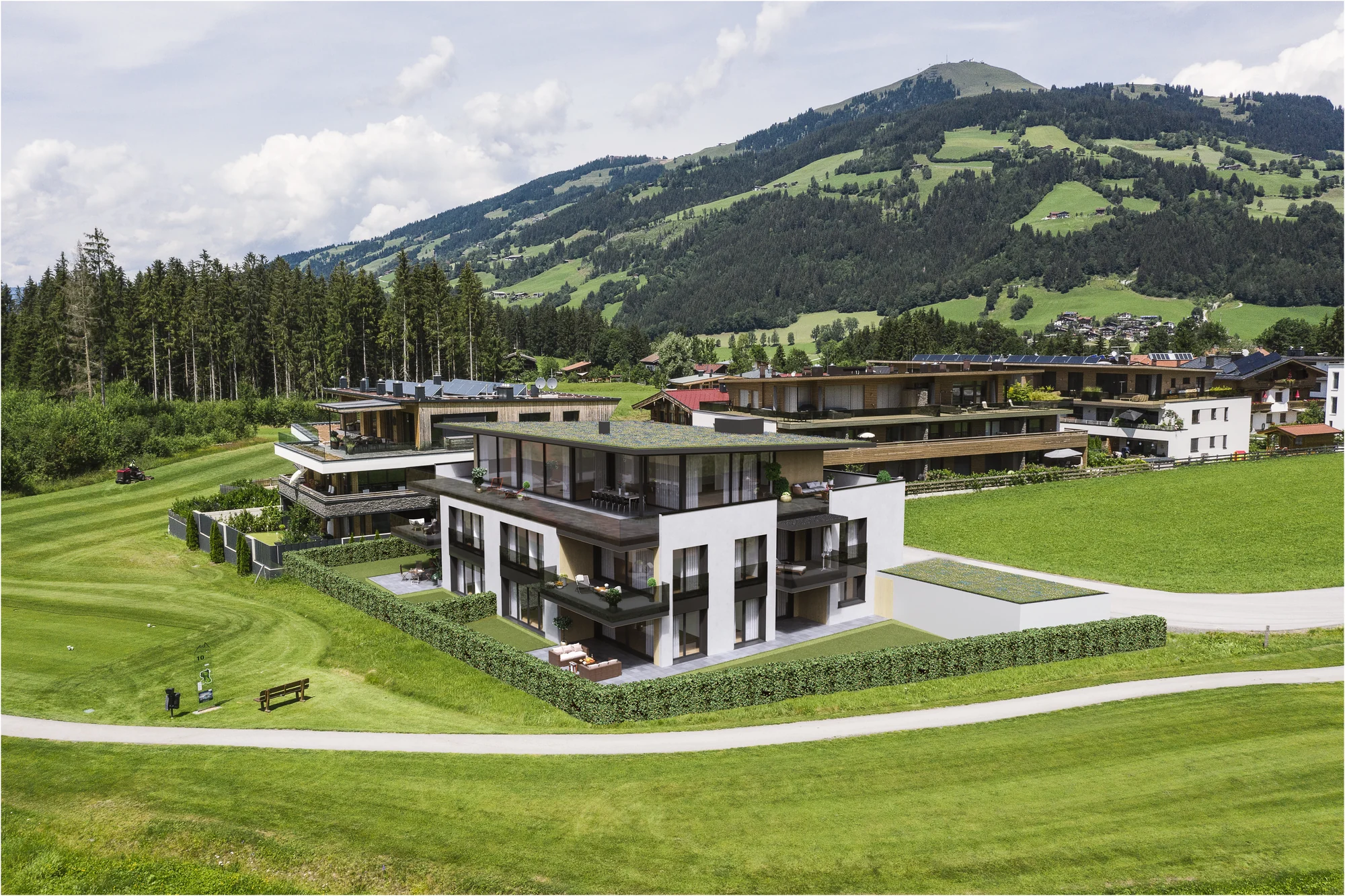 3D exterior rendering of a new terraced apartment scheme on a lawn below mountains, seen from a raised viewpoint, Austria
