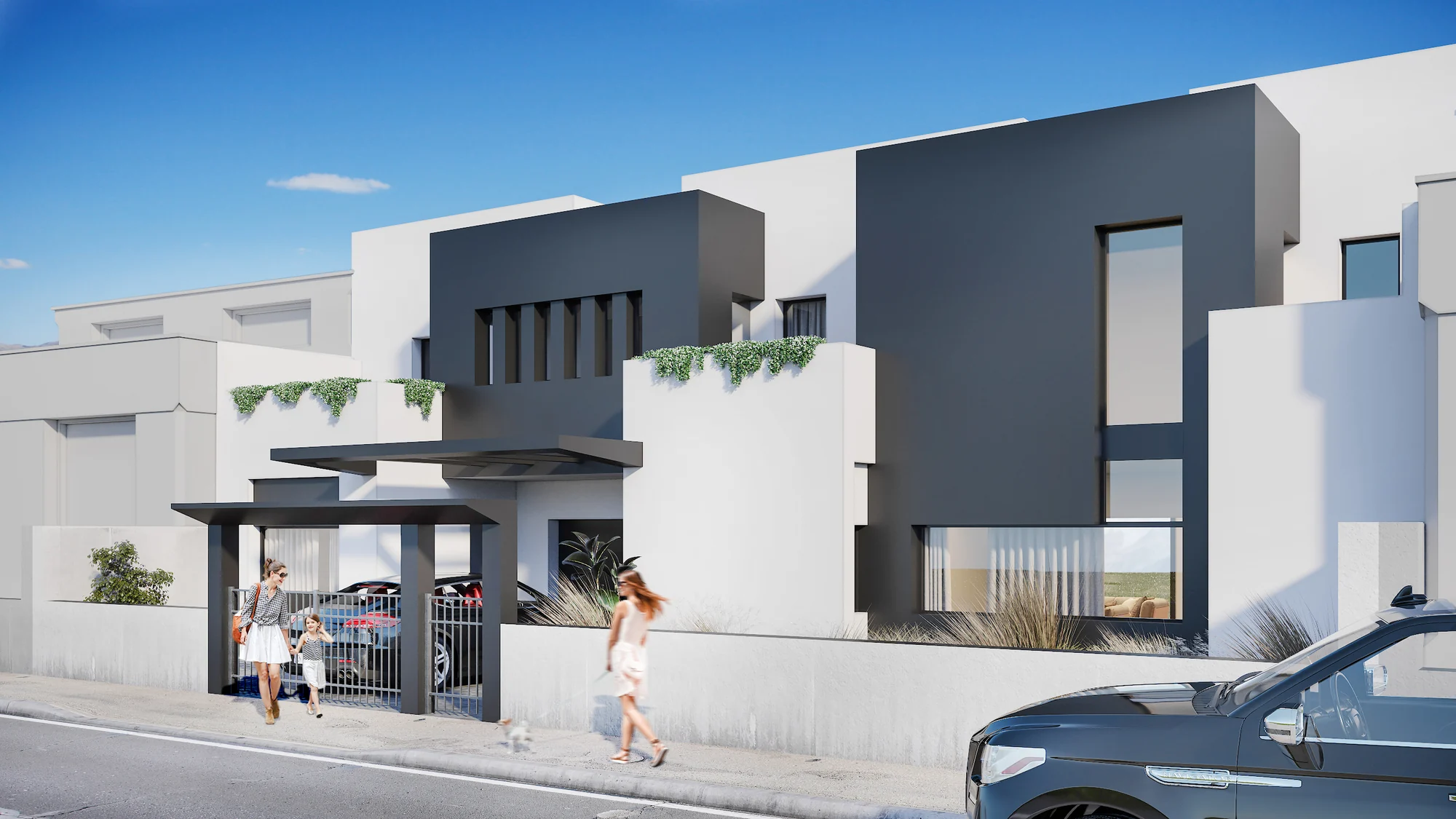 3D exterior rendering of a white apartment block entrance with residents walking by and a car in the drive, Spain