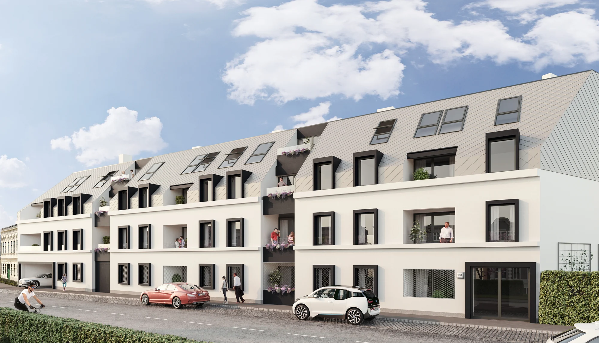 3D rendering of an apartment block along an existing street, Austria