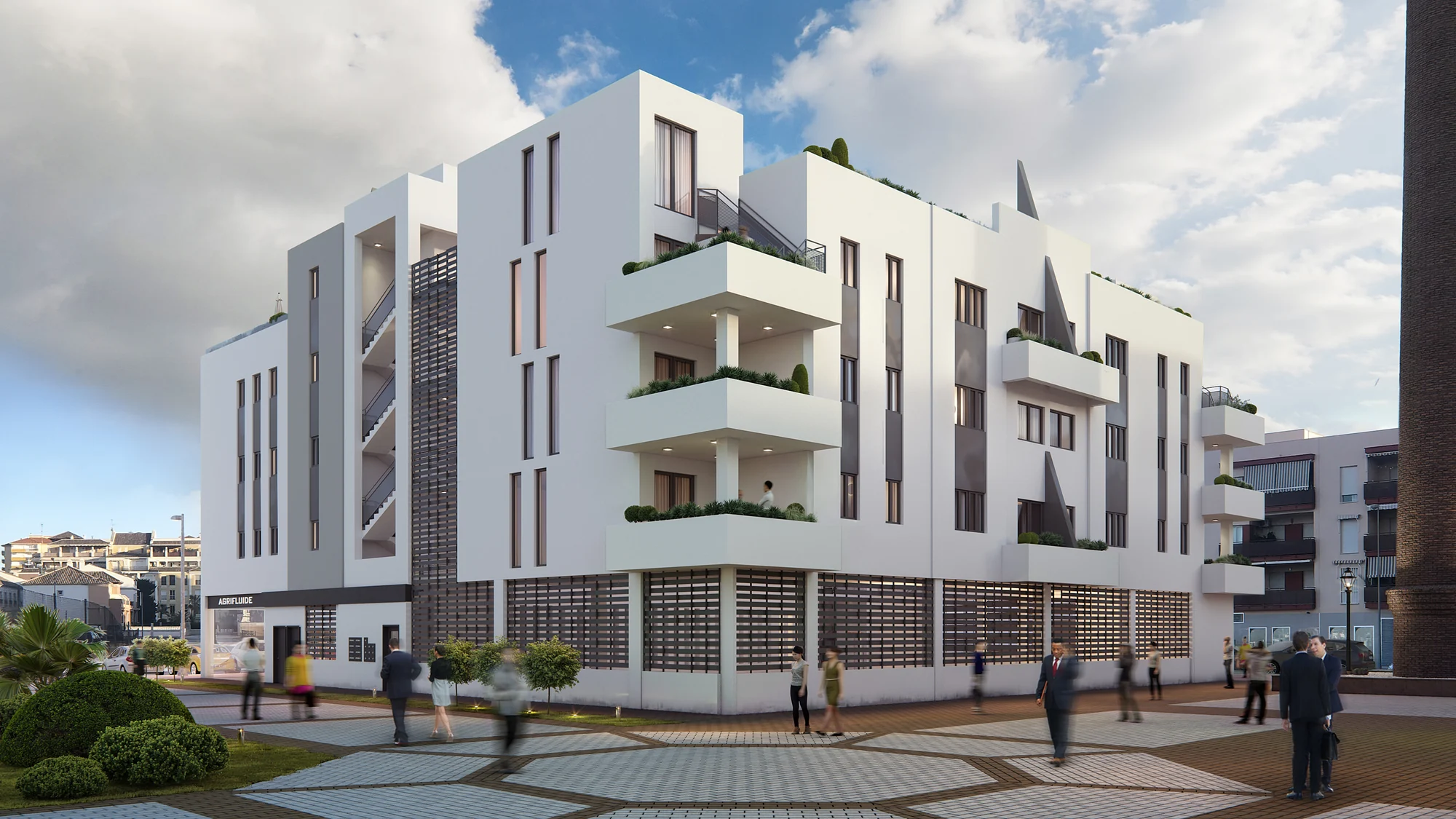 3D exterior rendering of a white apartment block on a paved square with people walking past, Spain