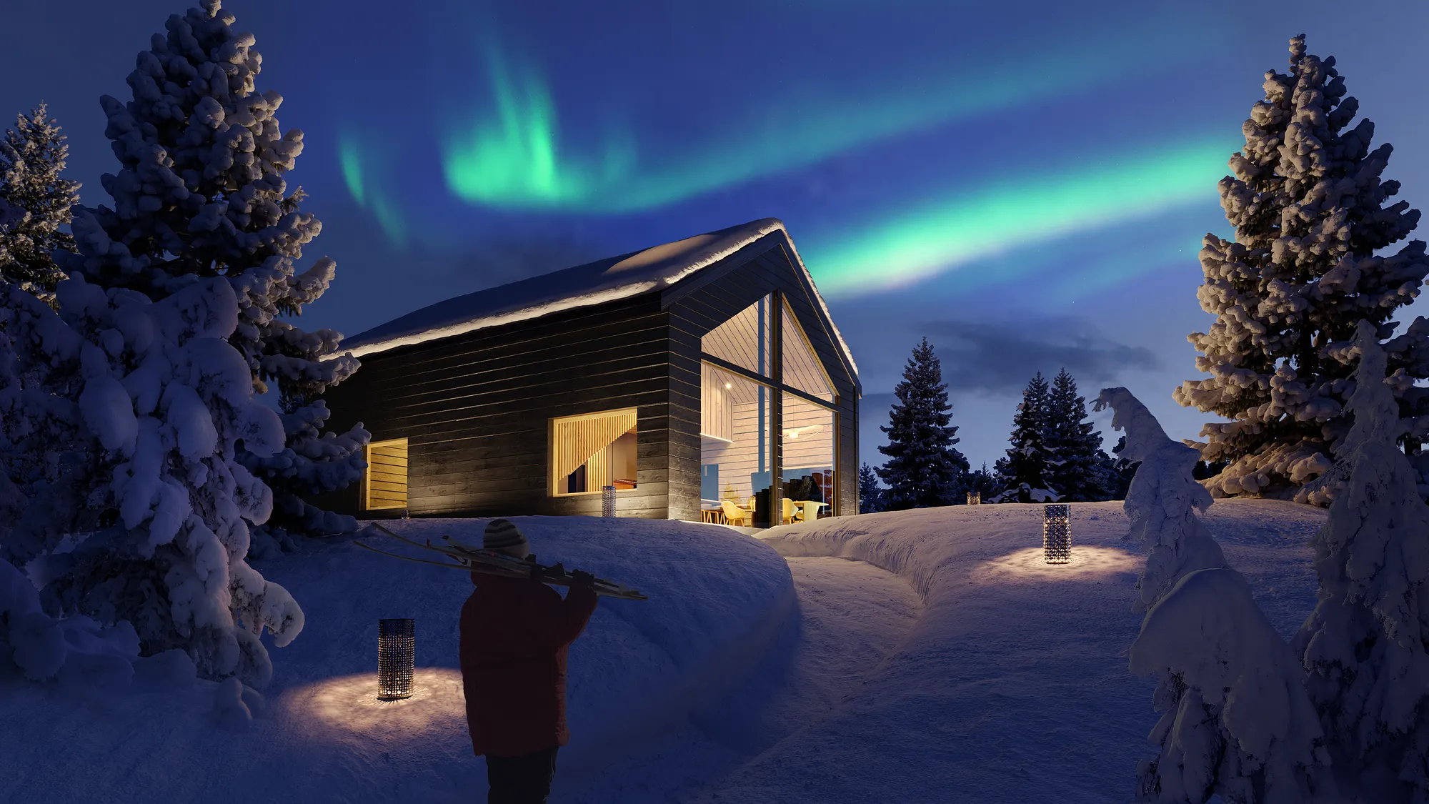 3D exterior rendering of a timber chalet in deep snow at night under green northern lights, Finland