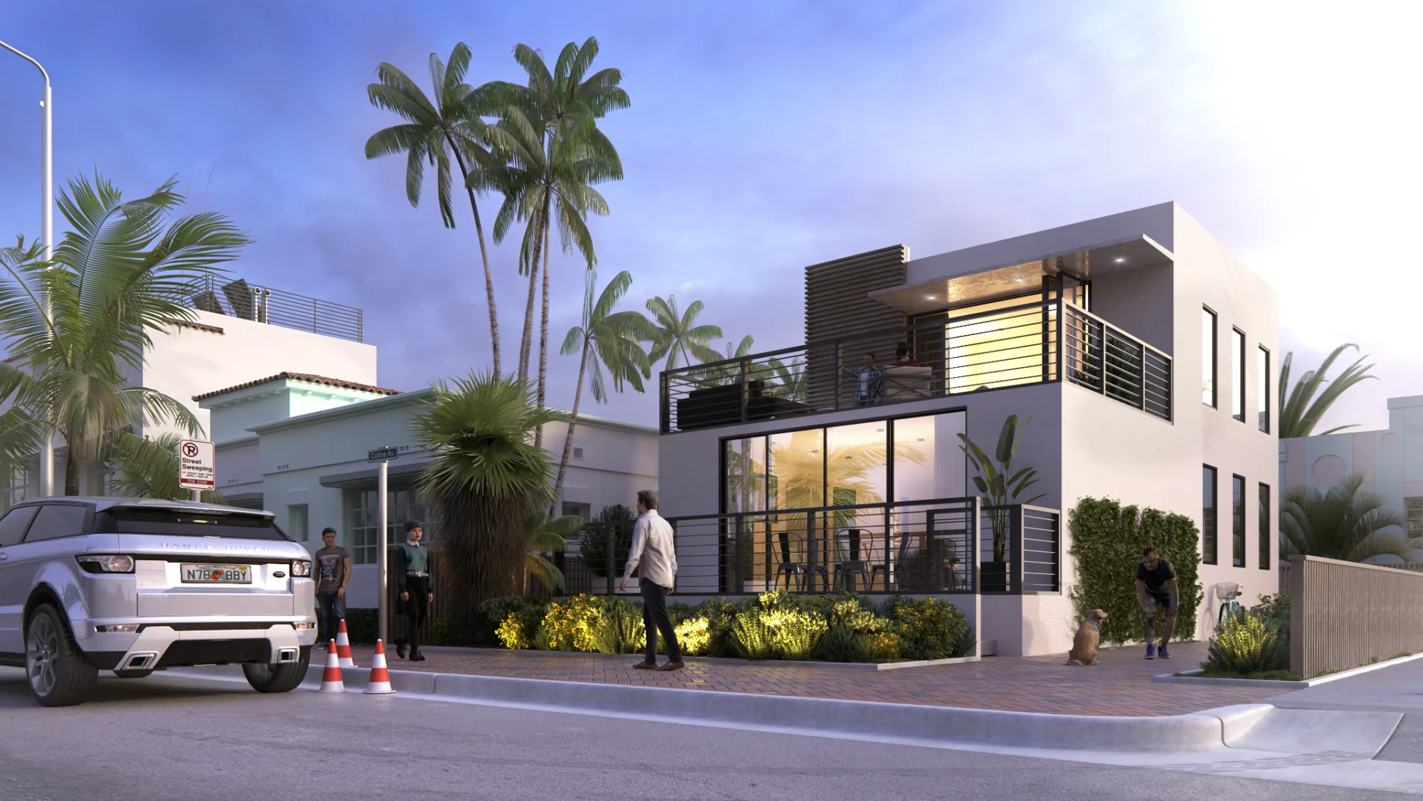 3D exterior rendering of a modern two-storey house on a street with palm trees at dusk, Miami, USA